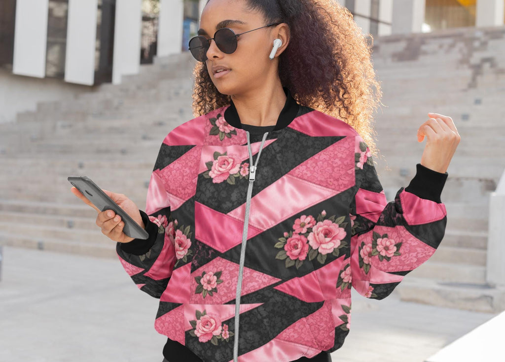 Pink Floral Color Block Bomber Jacket – Retro Silk-Style Windbreaker