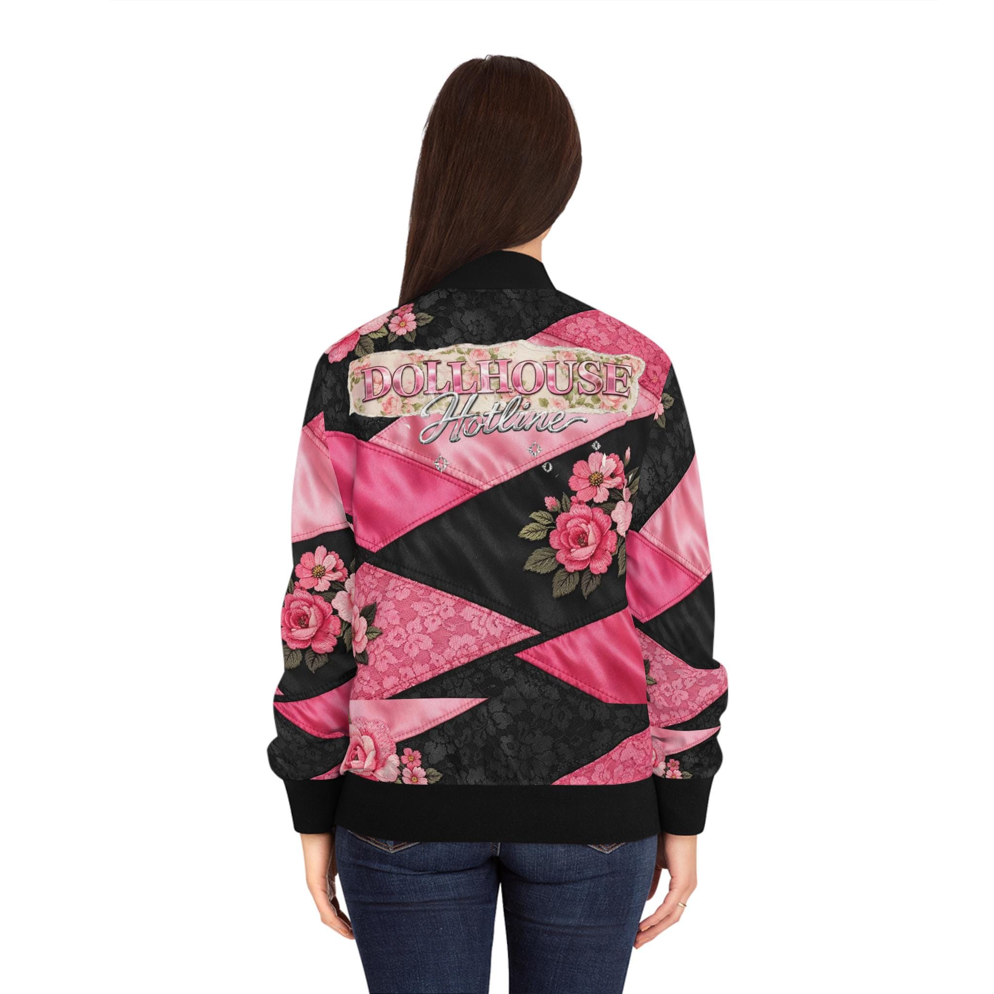 Pink Floral Color Block Bomber Jacket – Retro Silk-Style Windbreaker