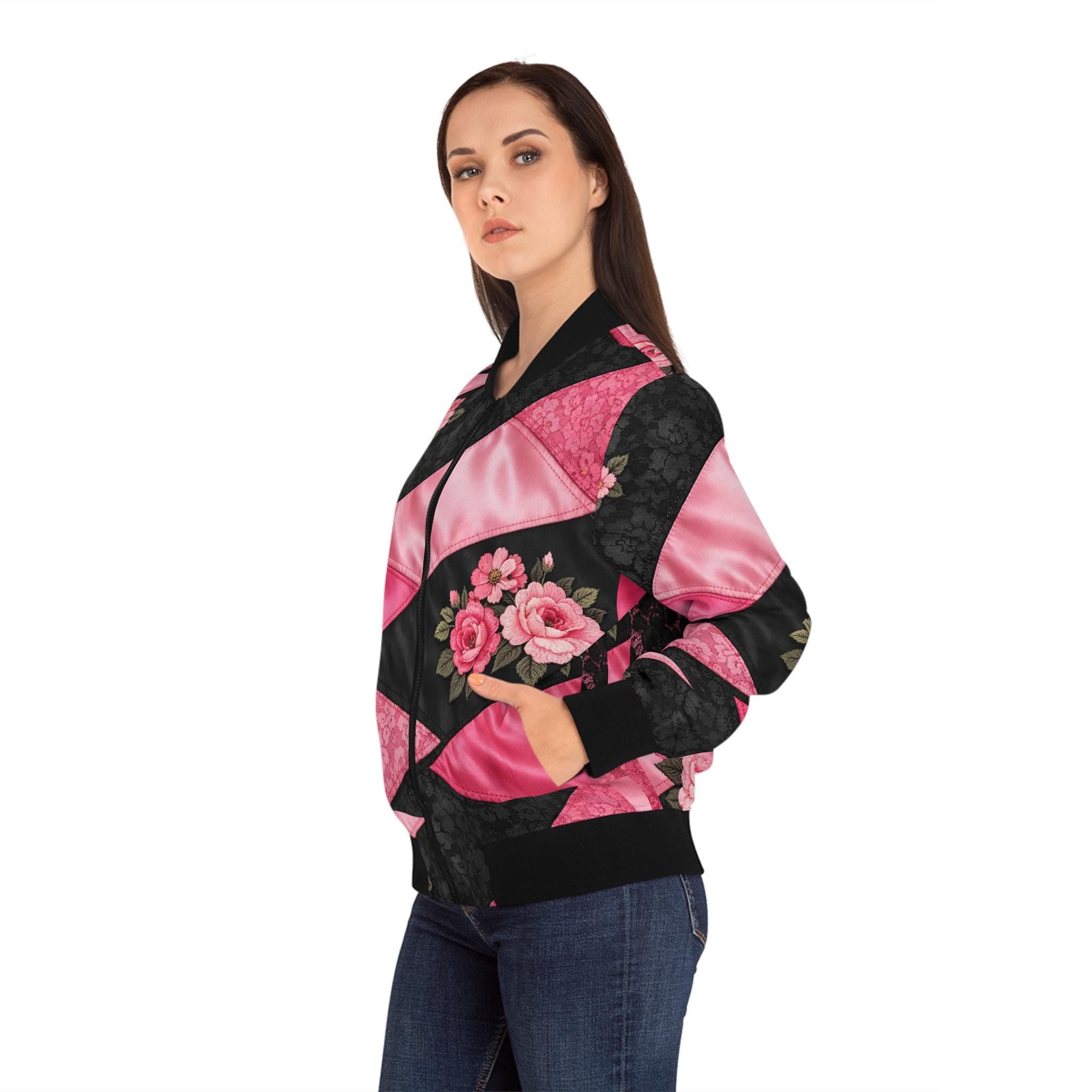 Pink Floral Color Block Bomber Jacket – Retro Silk-Style Windbreaker