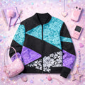Retro Neon Memphis Pattern Bomber Jacket | Purple Teal Lightning Waves