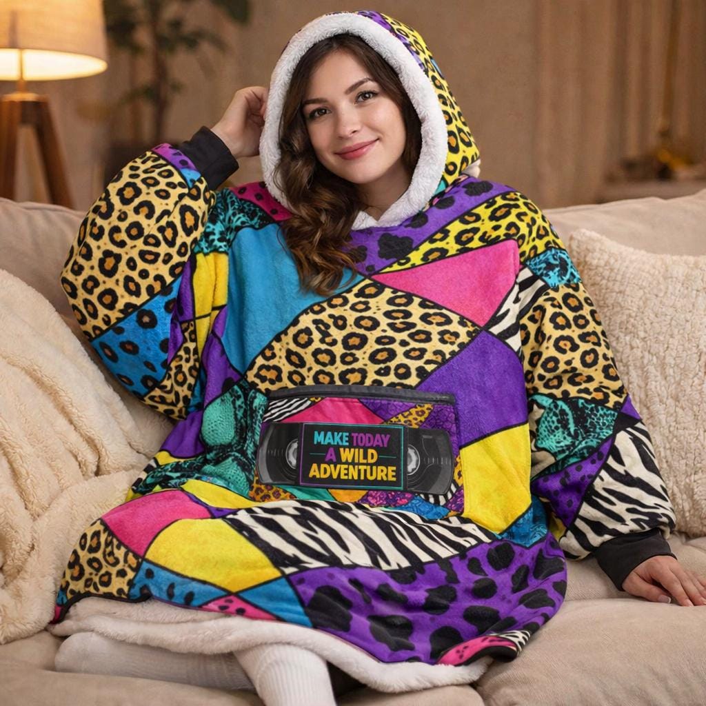 Y2K Patchwork Wearable Blanket, Sweatshirt, Retro Cozy Lounge Hoodie, Oversized Sherpa , 2000s Nostalgia Gift