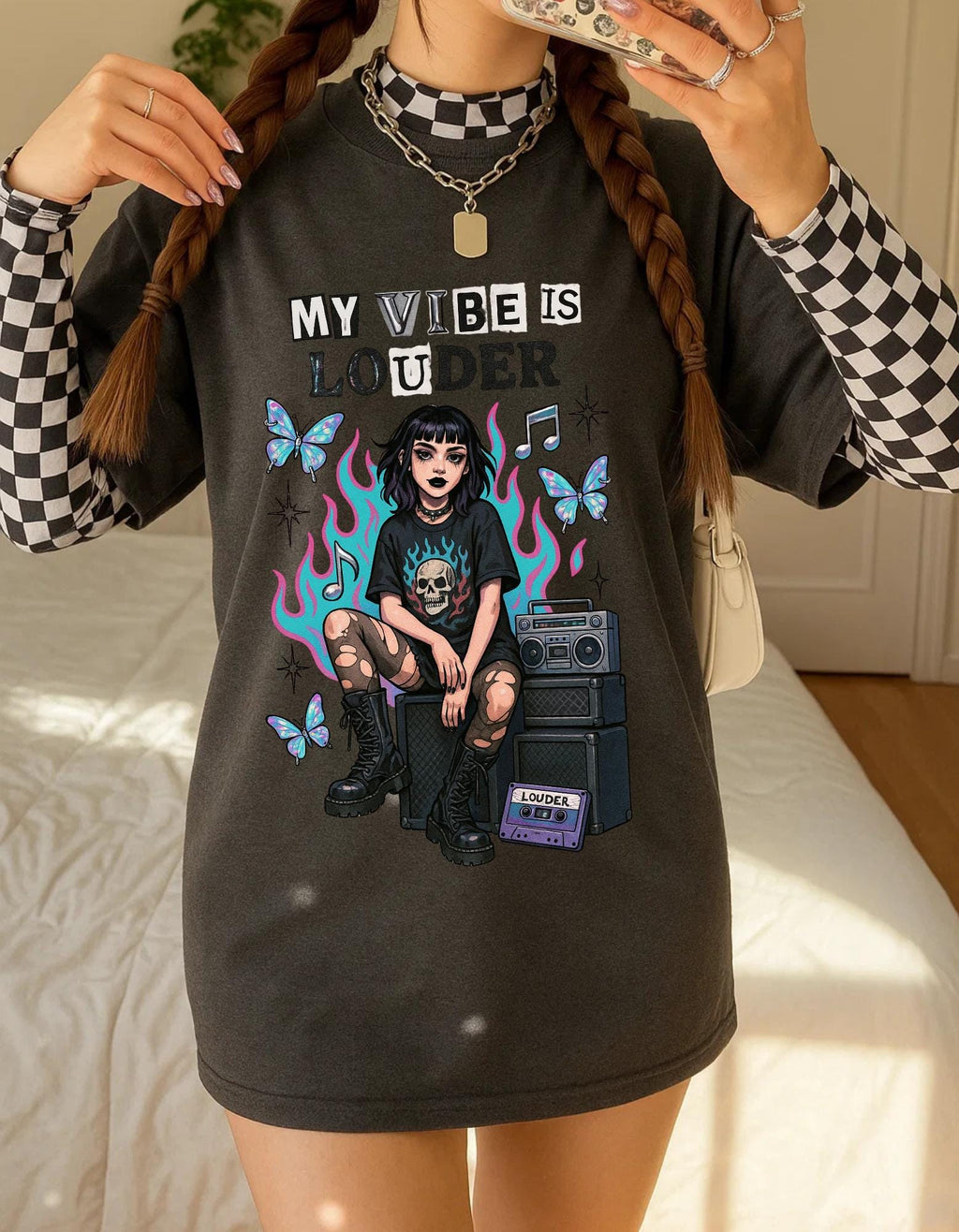 My Vibe Is Louder T-Shirt | Goth Girl, Amp & Butterflies Graphic Tee