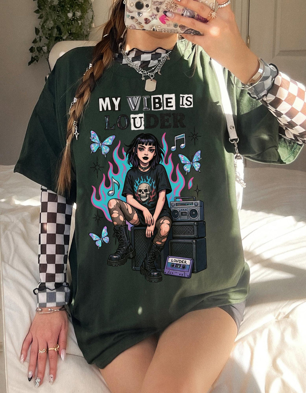 My Vibe Is Louder T-Shirt | Goth Girl, Amp & Butterflies Graphic Tee