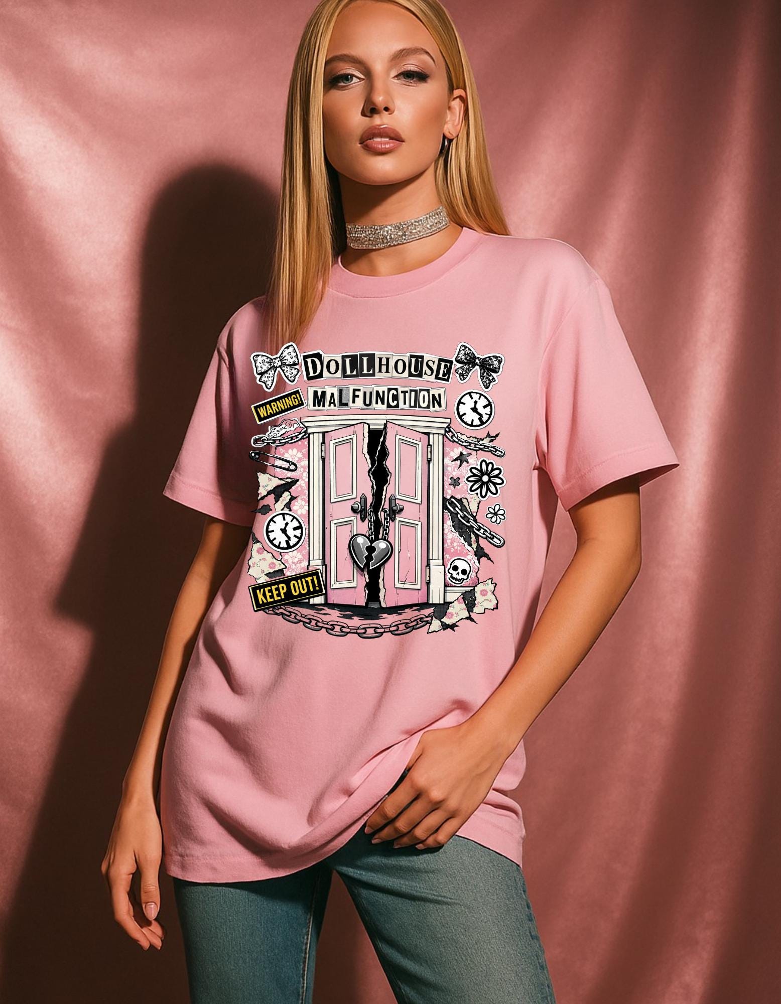 Dollhouse Malfunction T-Shirt | Pink Broken Dollhouse Illustration