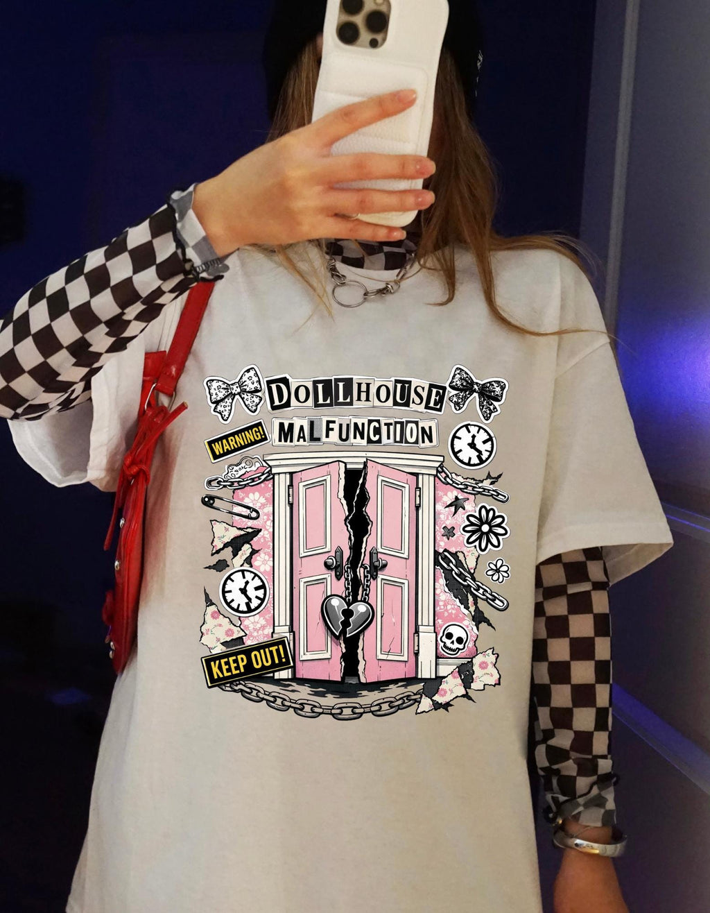 Dollhouse Malfunction T-Shirt | Pink Broken Dollhouse Illustration