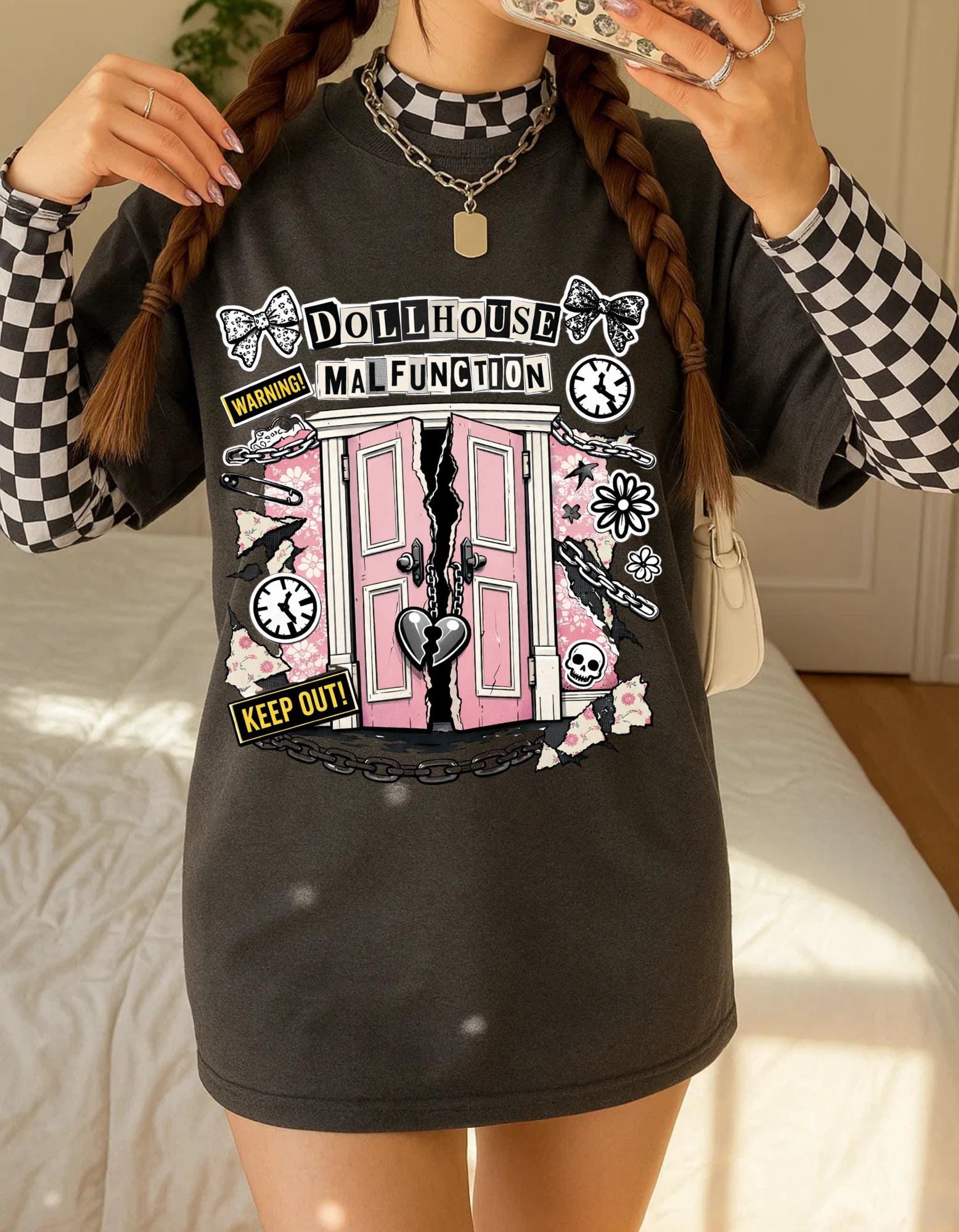 Dollhouse Malfunction T-Shirt | Pink Broken Dollhouse Illustration