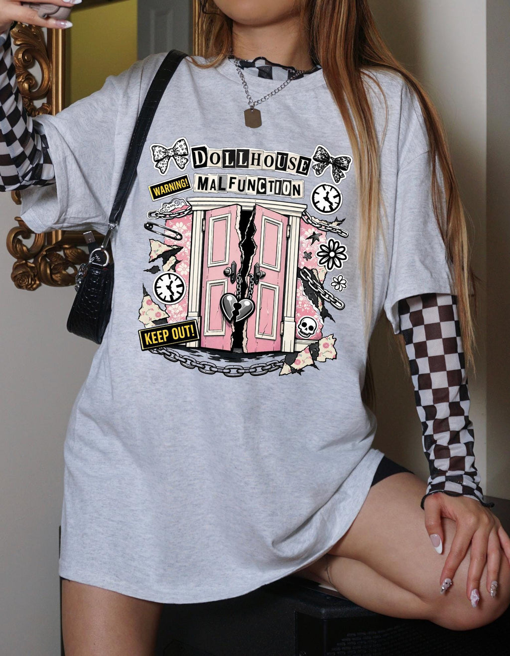 Dollhouse Malfunction T-Shirt | Pink Broken Dollhouse Illustration