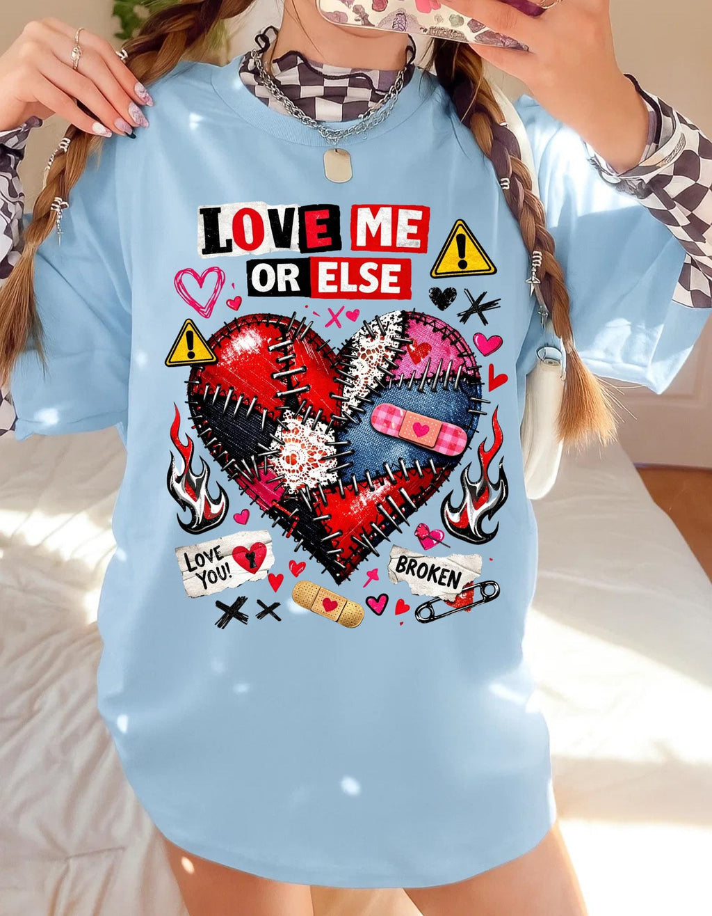 Love Me Or Else broken stitched heart T-Shirt | punk heart tattoo graphic