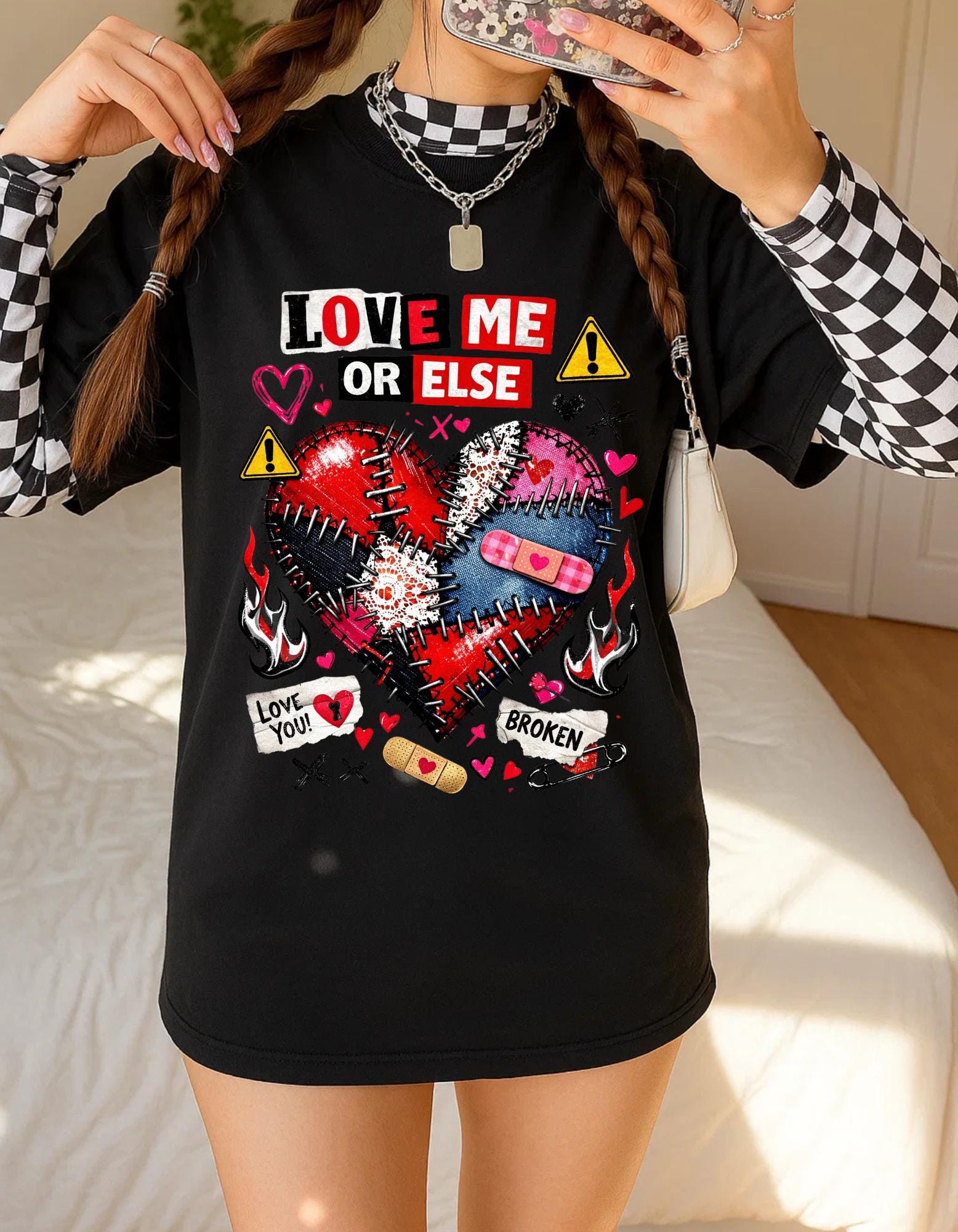 Love Me Or Else broken stitched heart T-Shirt | punk heart tattoo graphic