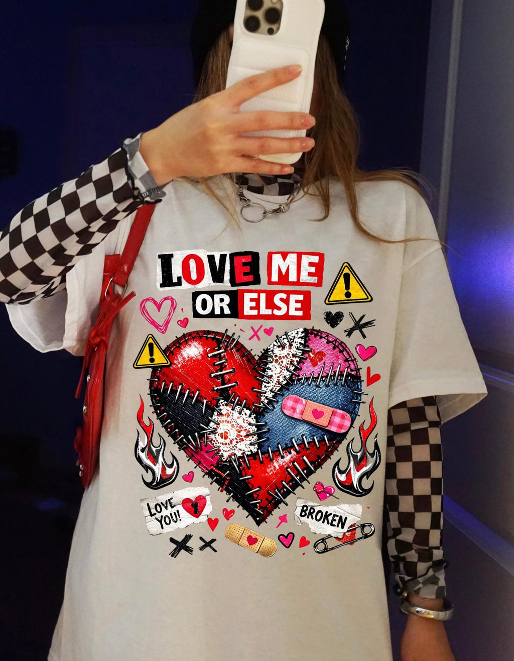 Love Me Or Else broken stitched heart T-Shirt | punk heart tattoo graphic