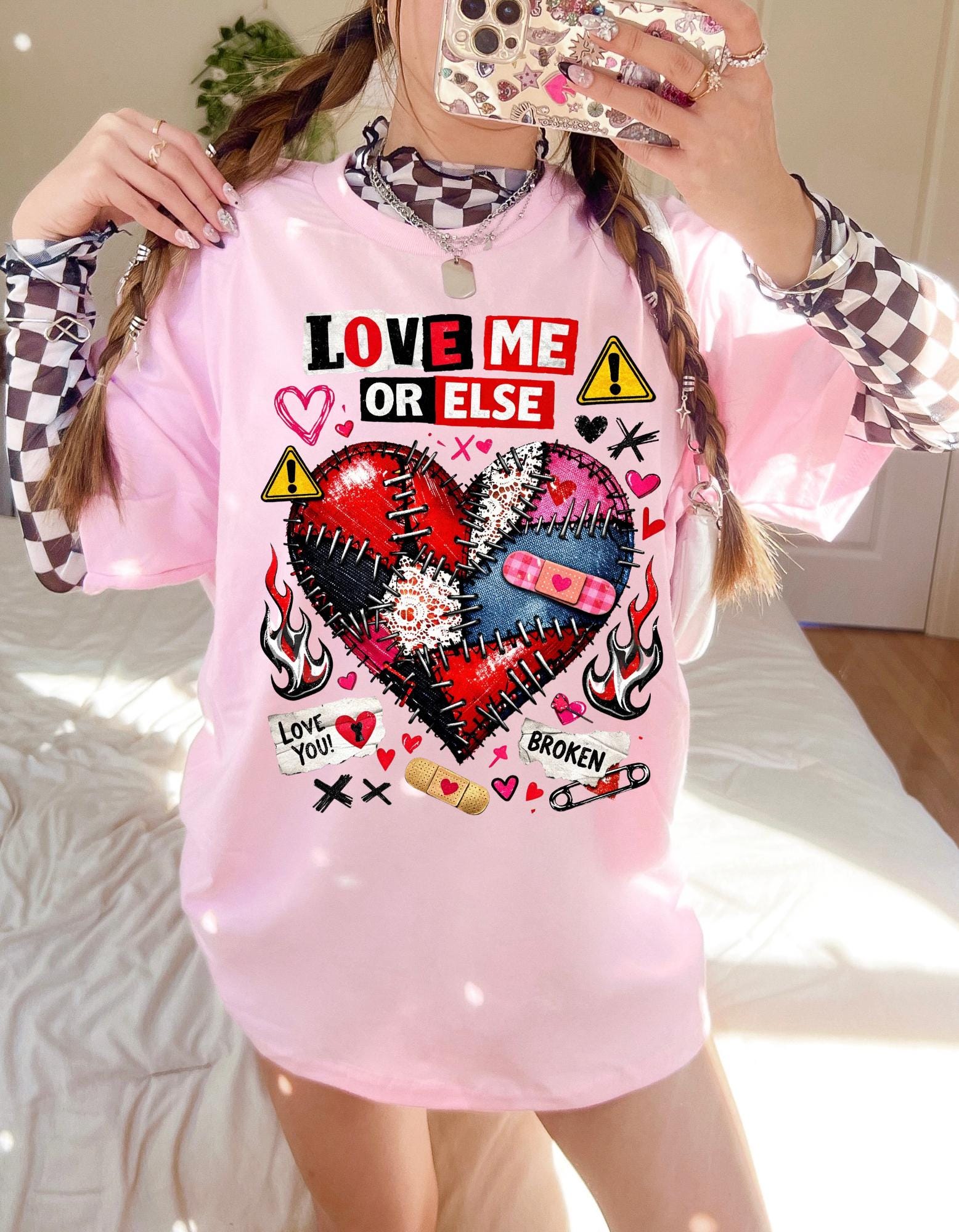 Love Me Or Else broken stitched heart T-Shirt | punk heart tattoo graphic