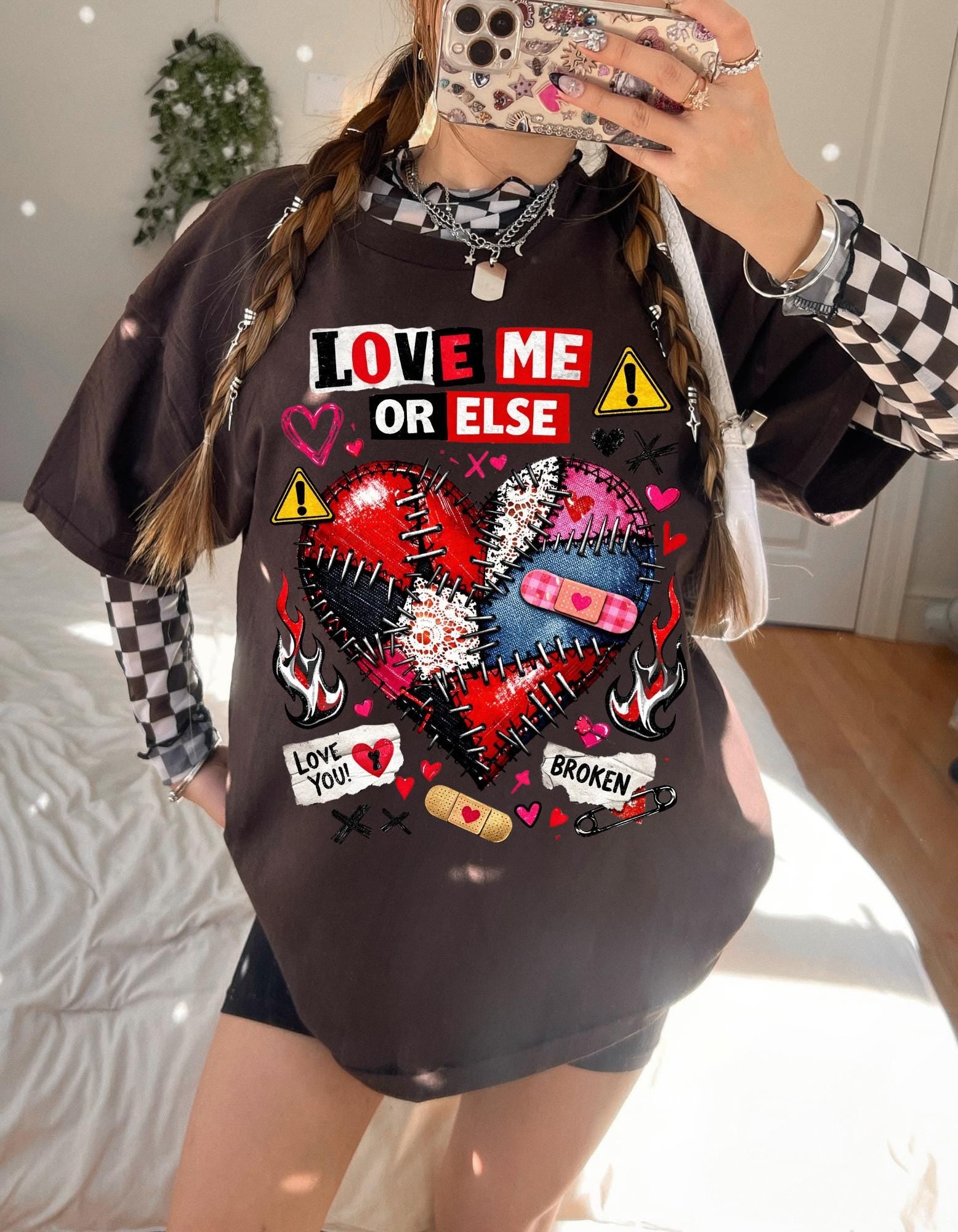 Love Me Or Else broken stitched heart T-Shirt | punk heart tattoo graphic