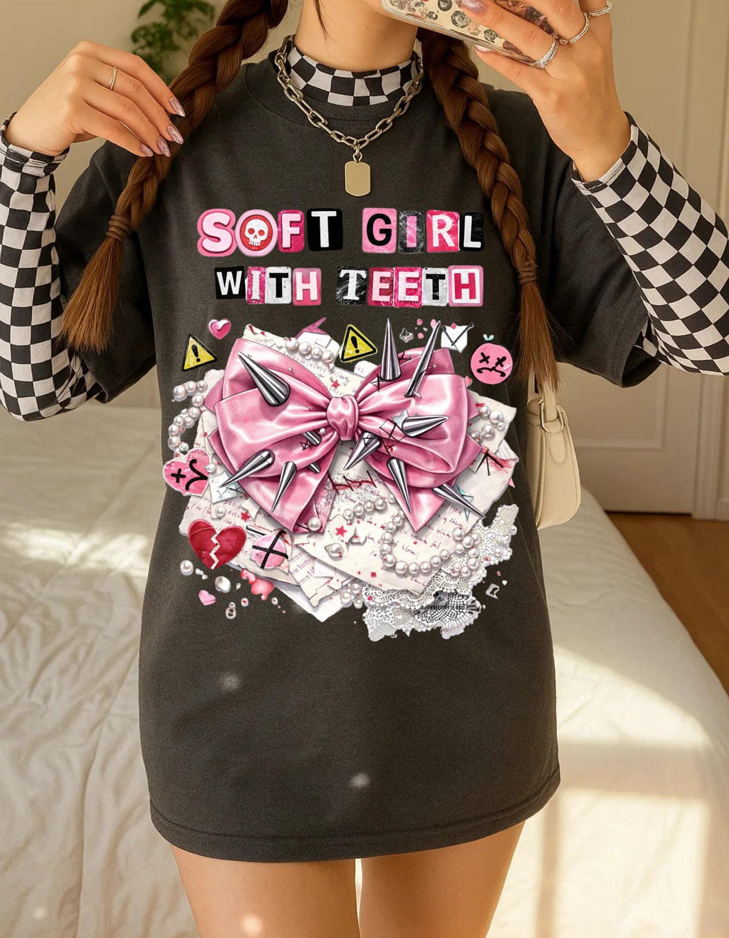 Soft Girl With Teeth T-Shirt | Pink Bow Graphic, Kawaii Punk Aesthetic