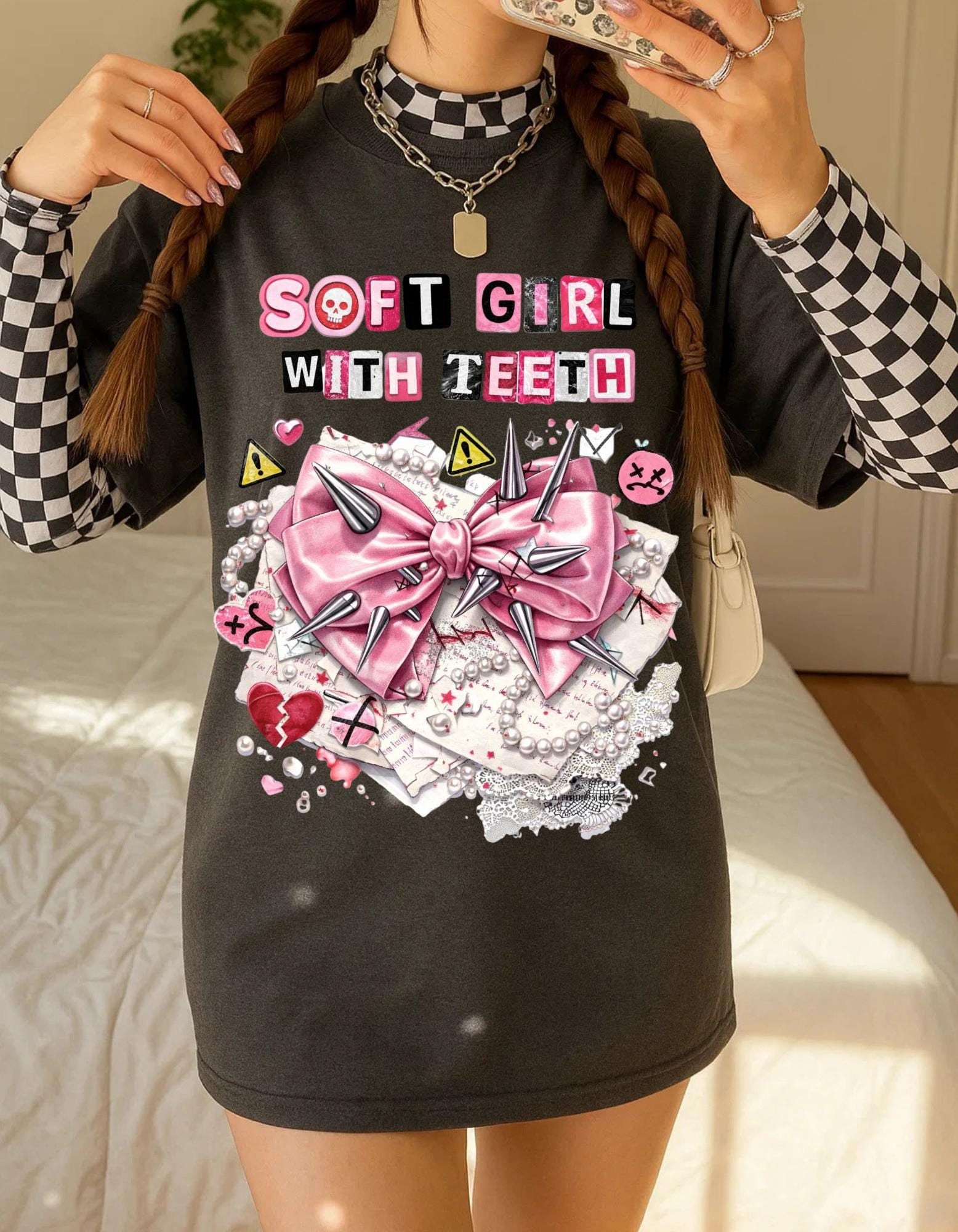 Soft Girl With Teeth T-Shirt | Pink Bow Graphic, Kawaii Punk Aesthetic