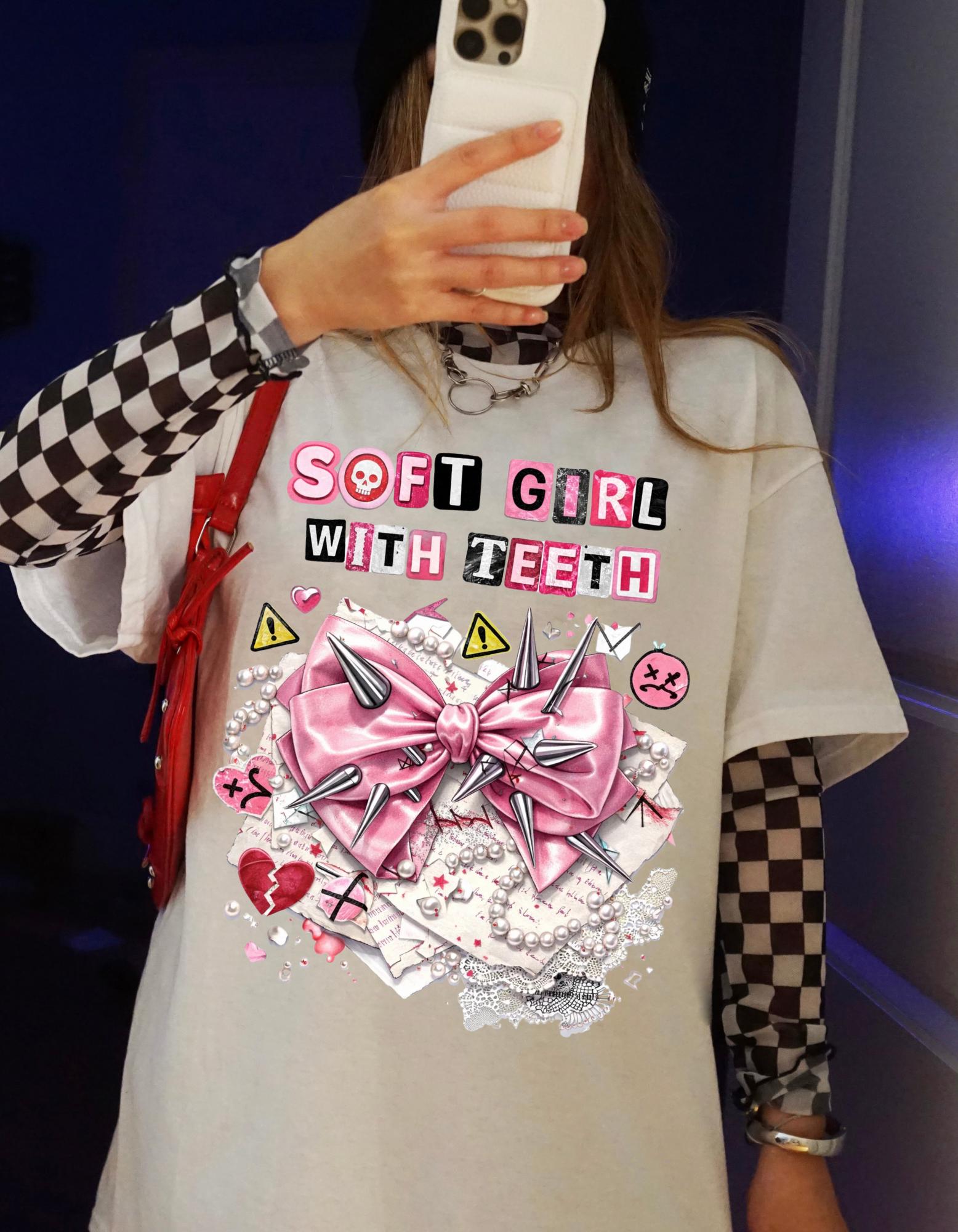 Soft Girl With Teeth T-Shirt | Pink Bow Graphic, Kawaii Punk Aesthetic