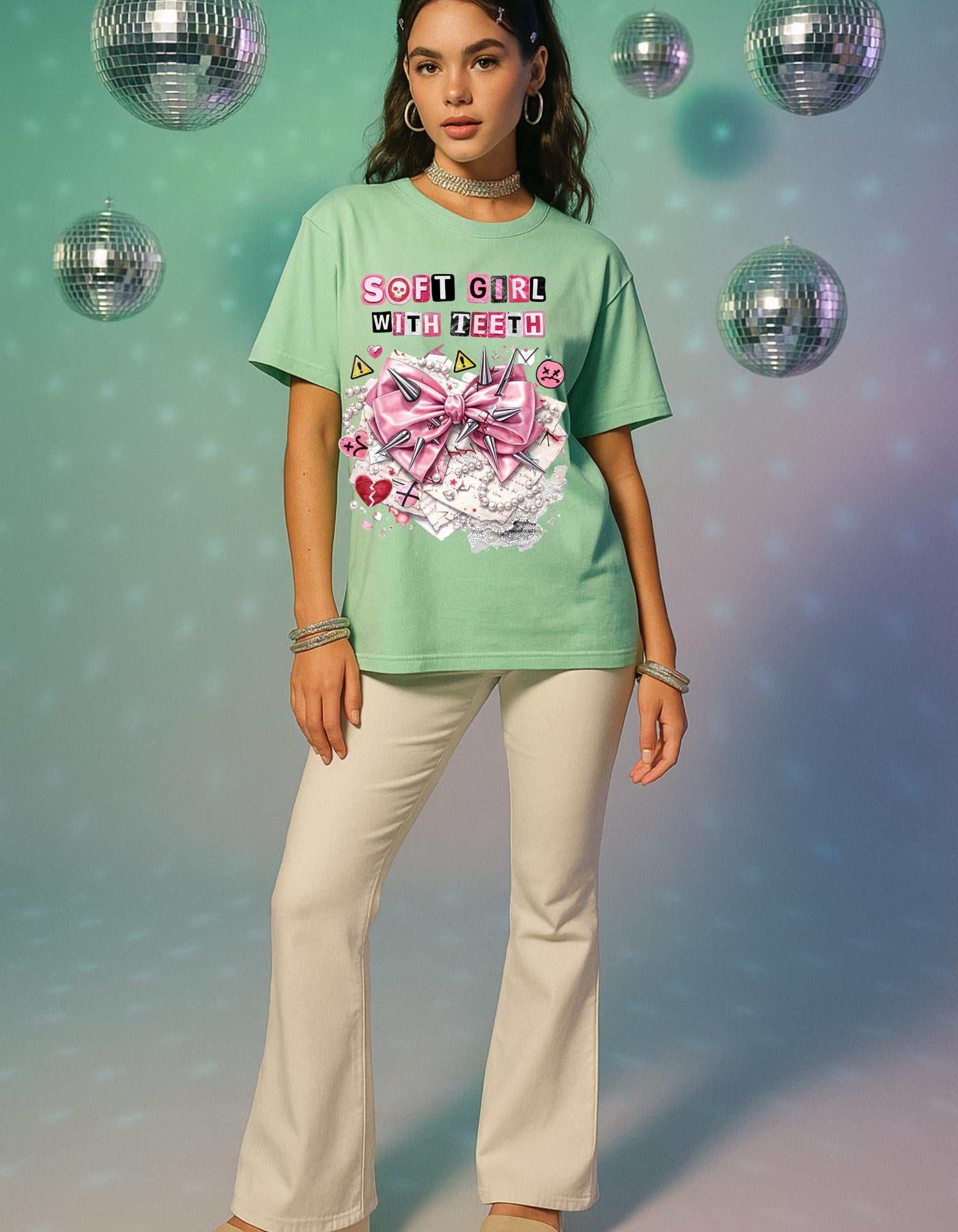 Soft Girl With Teeth T-Shirt | Pink Bow Graphic, Kawaii Punk Aesthetic