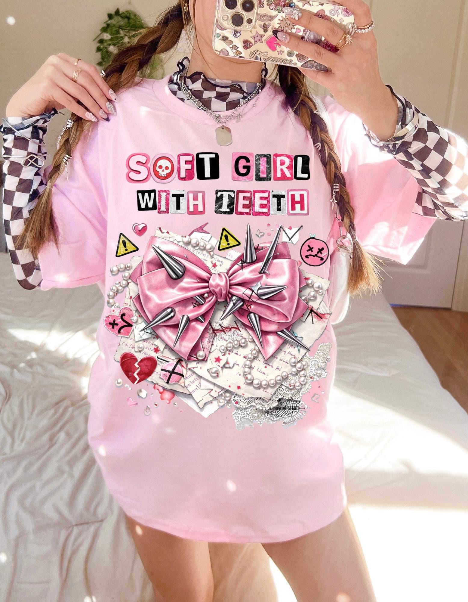 Soft Girl With Teeth T-Shirt | Pink Bow Graphic, Kawaii Punk Aesthetic