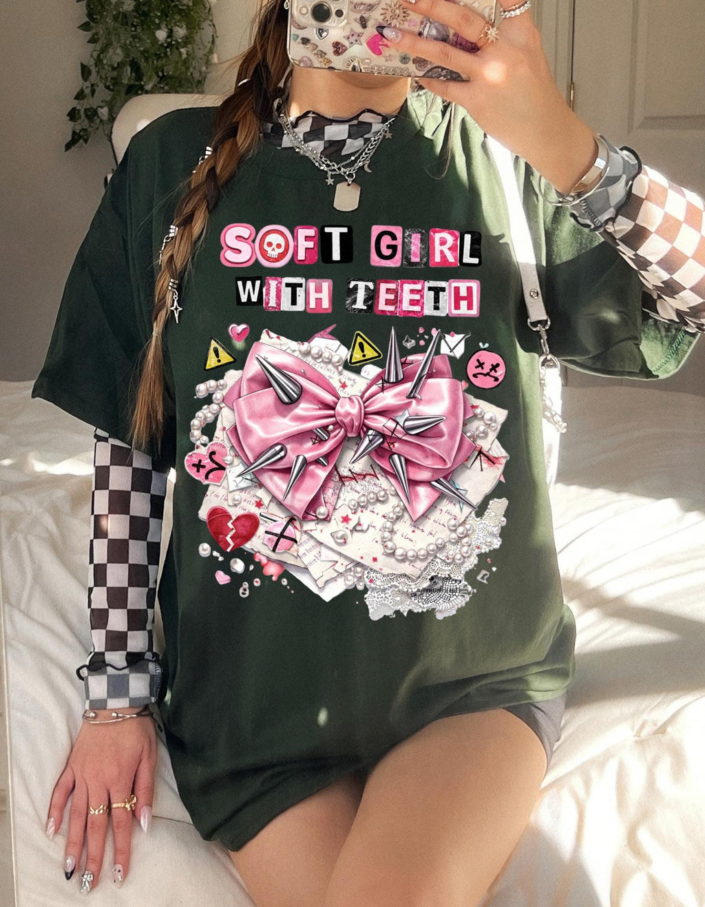Soft Girl With Teeth T-Shirt | Pink Bow Graphic, Kawaii Punk Aesthetic