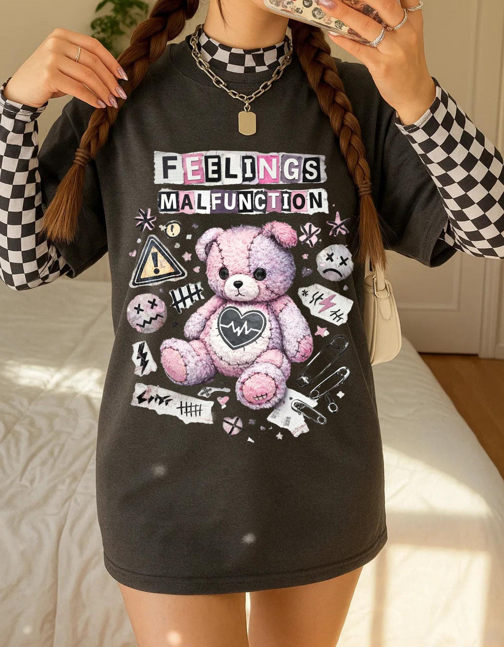 Feelings Malfunction Teddy bear T-Shirt | Cute Grunge Heart Patchwork
