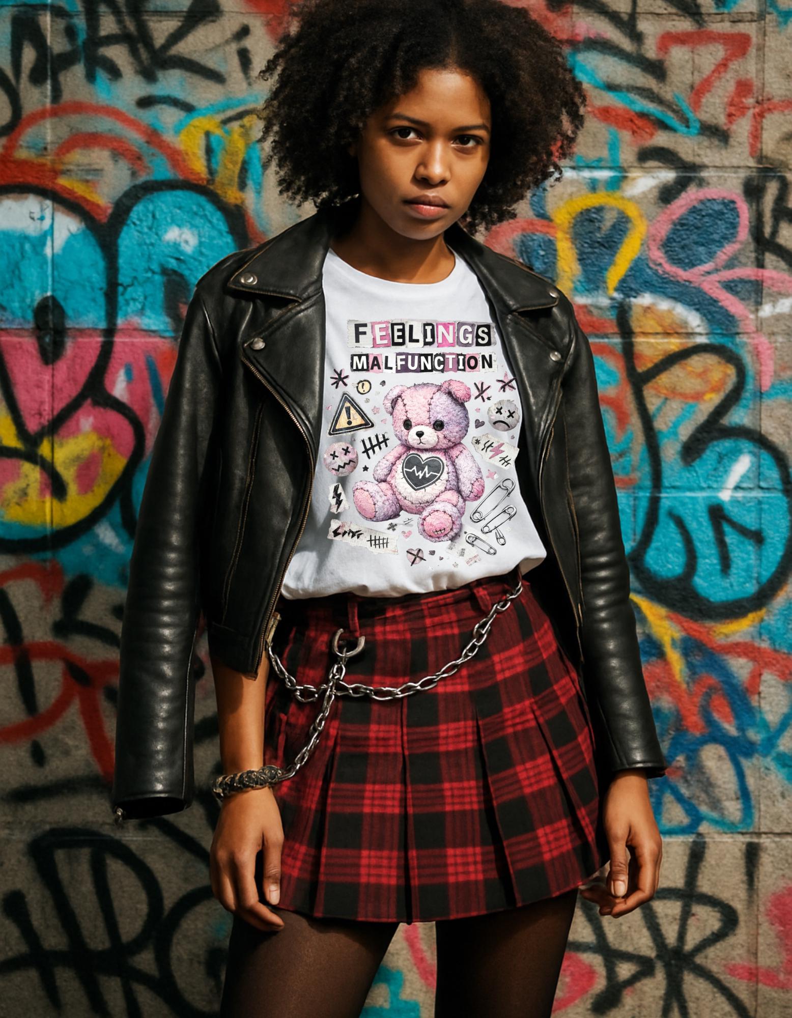 Feelings Malfunction Teddy bear T-Shirt | Cute Grunge Heart Patchwork