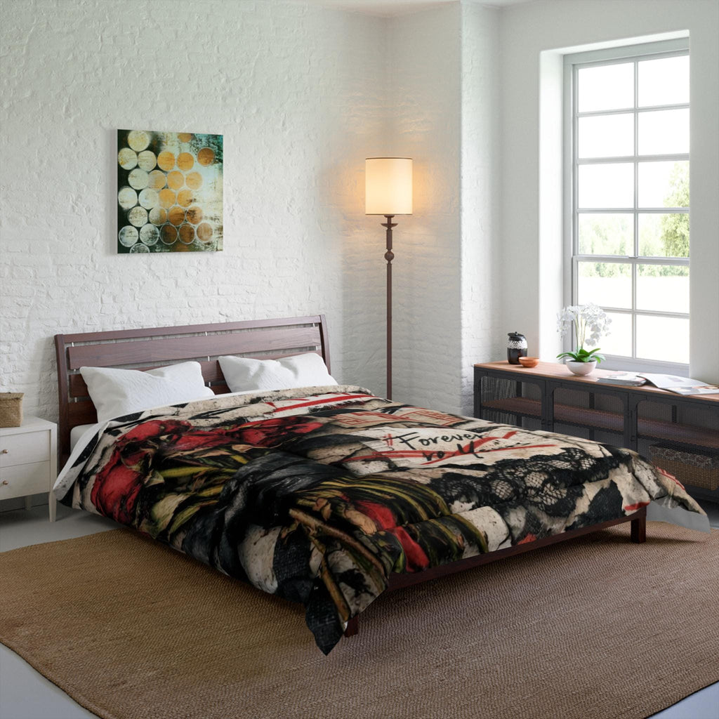 Obsession Is Not Romance comforter | Rose Bouquet, Grunge Typography, Dark Vintage