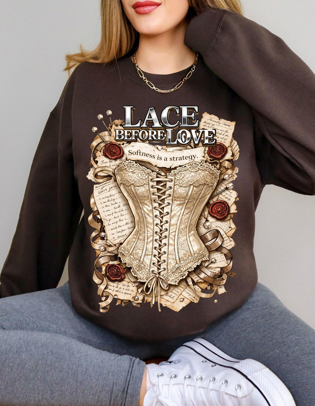 Lace Before Love corset illustration Sweatshirt | vintage Victorian rose fashion
