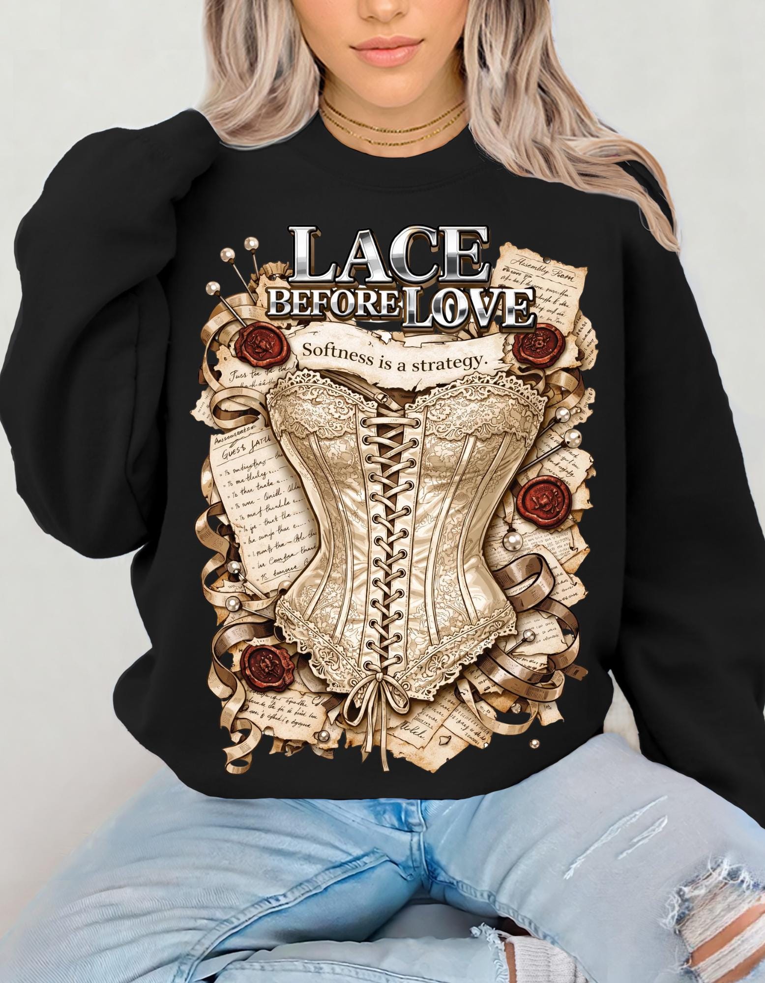 Lace Before Love corset illustration Sweatshirt | vintage Victorian rose fashion