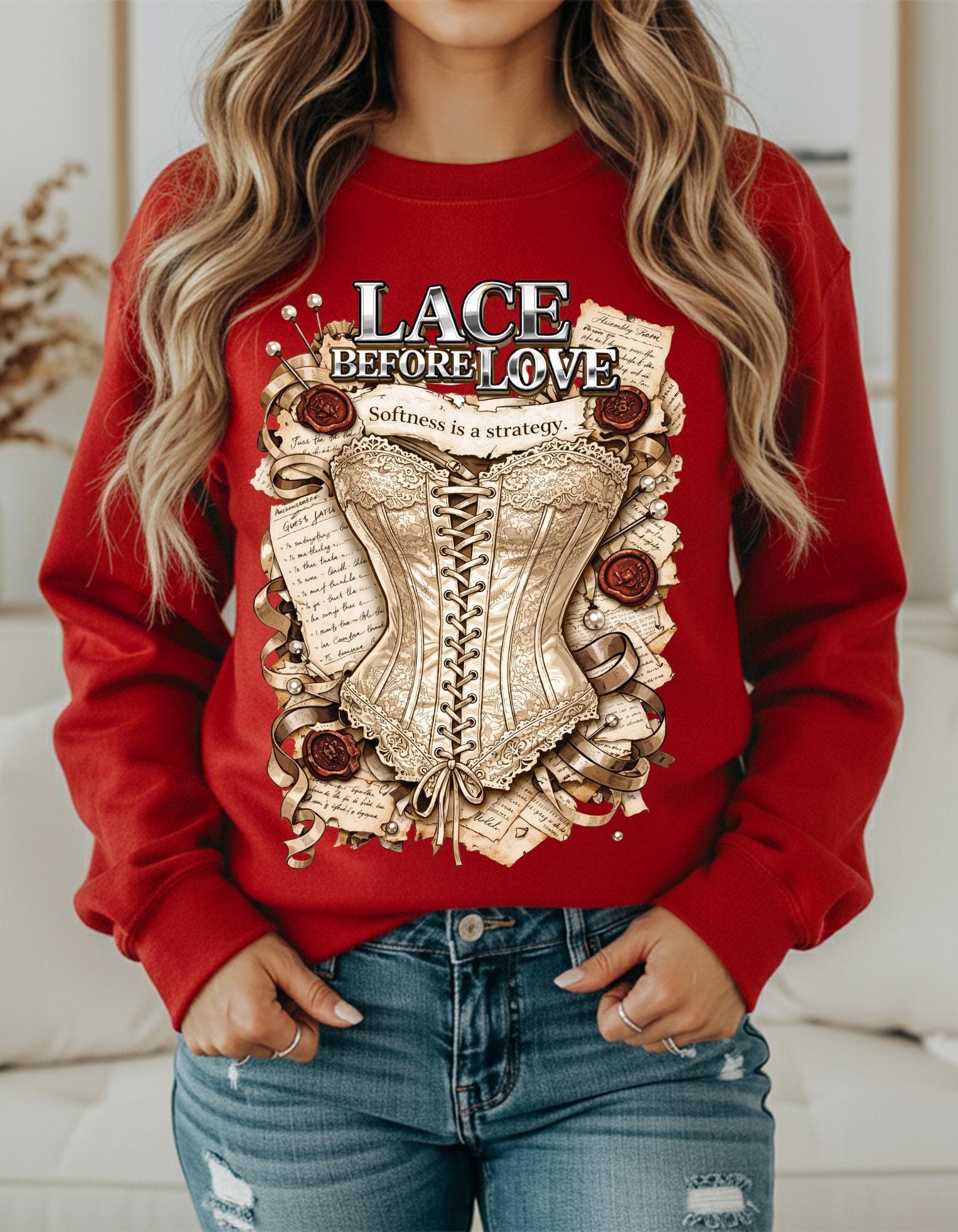 Lace Before Love corset illustration Sweatshirt | vintage Victorian rose fashion