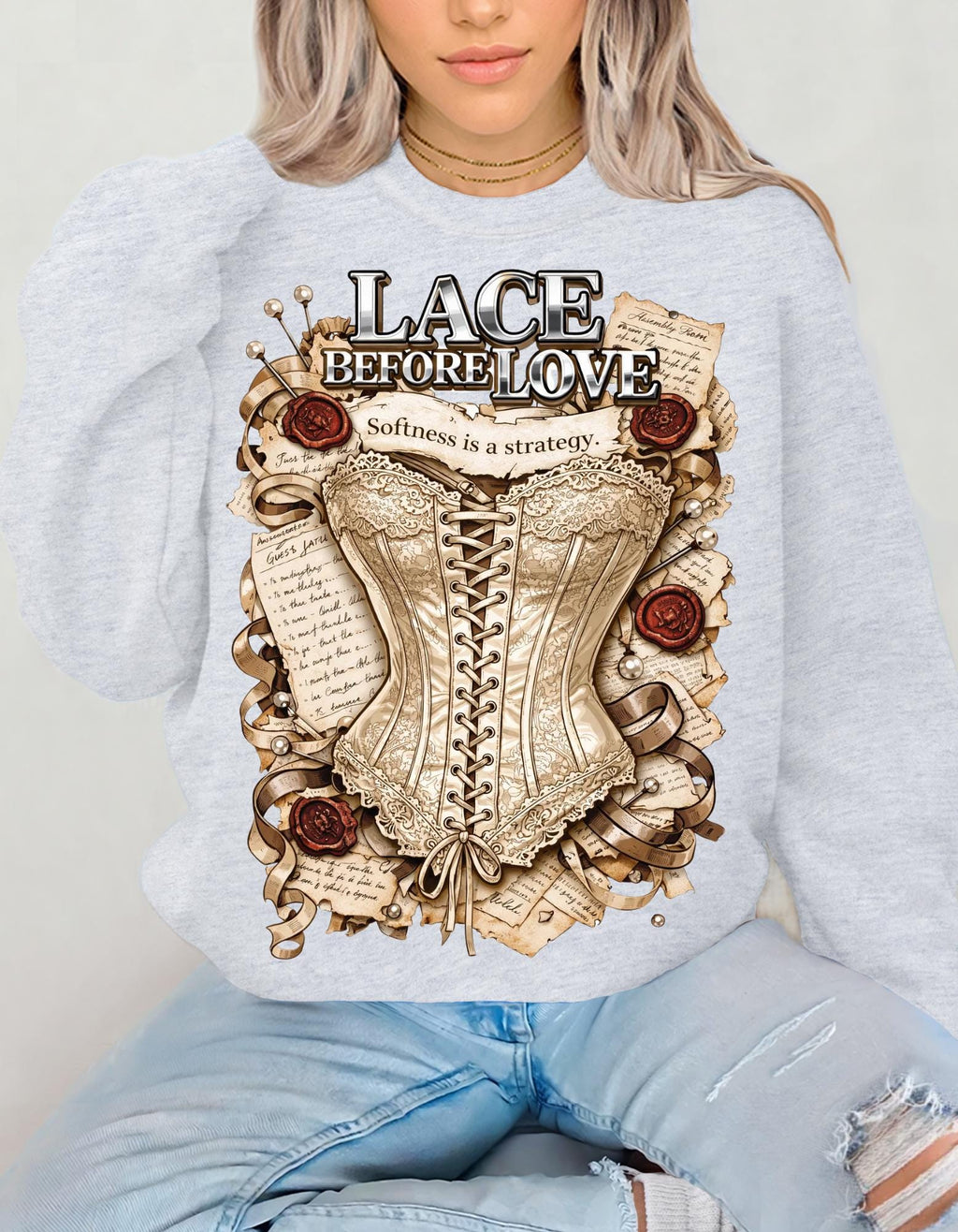 Lace Before Love corset illustration Sweatshirt | vintage Victorian rose fashion