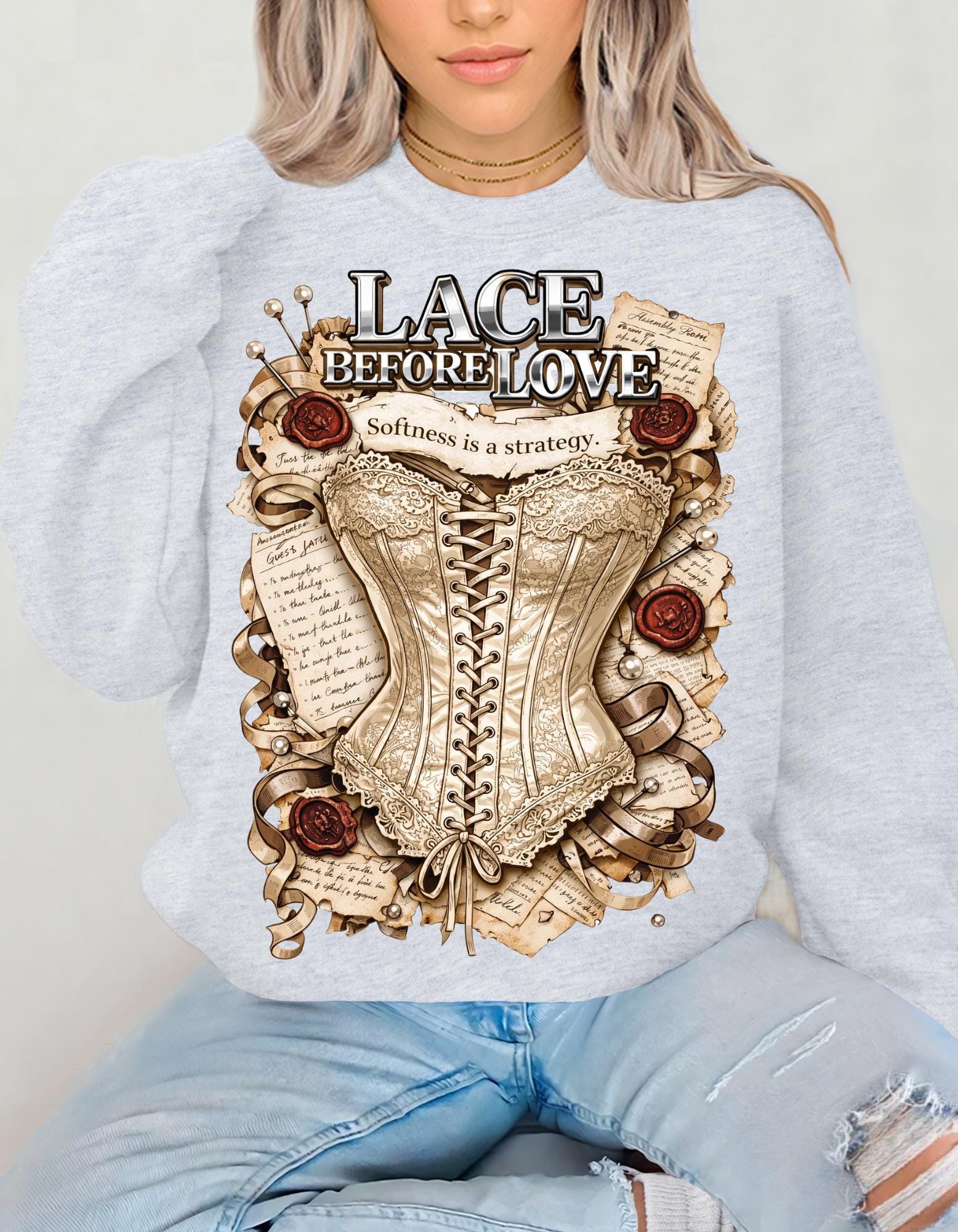 Lace Before Love corset illustration Sweatshirt | vintage Victorian rose fashion