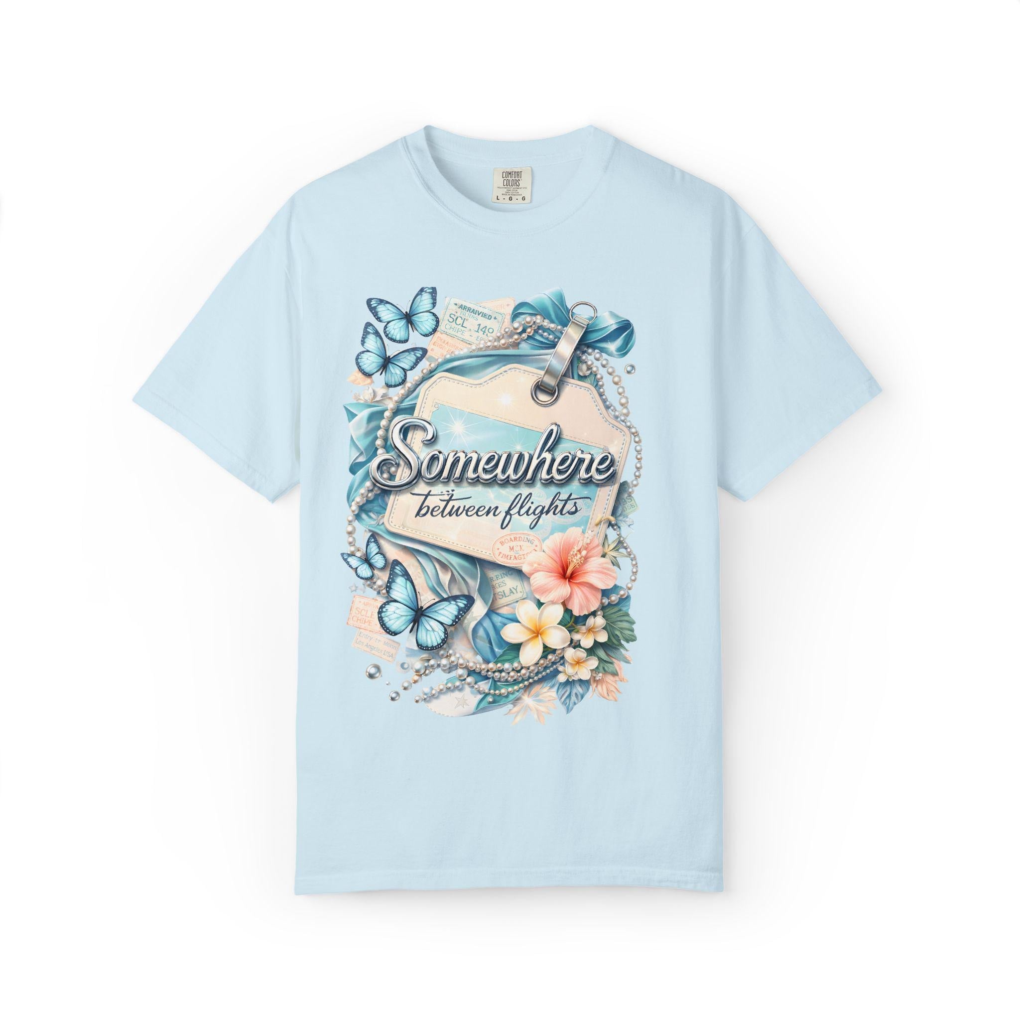 Somewhere Between Flights Graphic Tee Summer Unisex Travel T-Shirt Vacation Streetwear