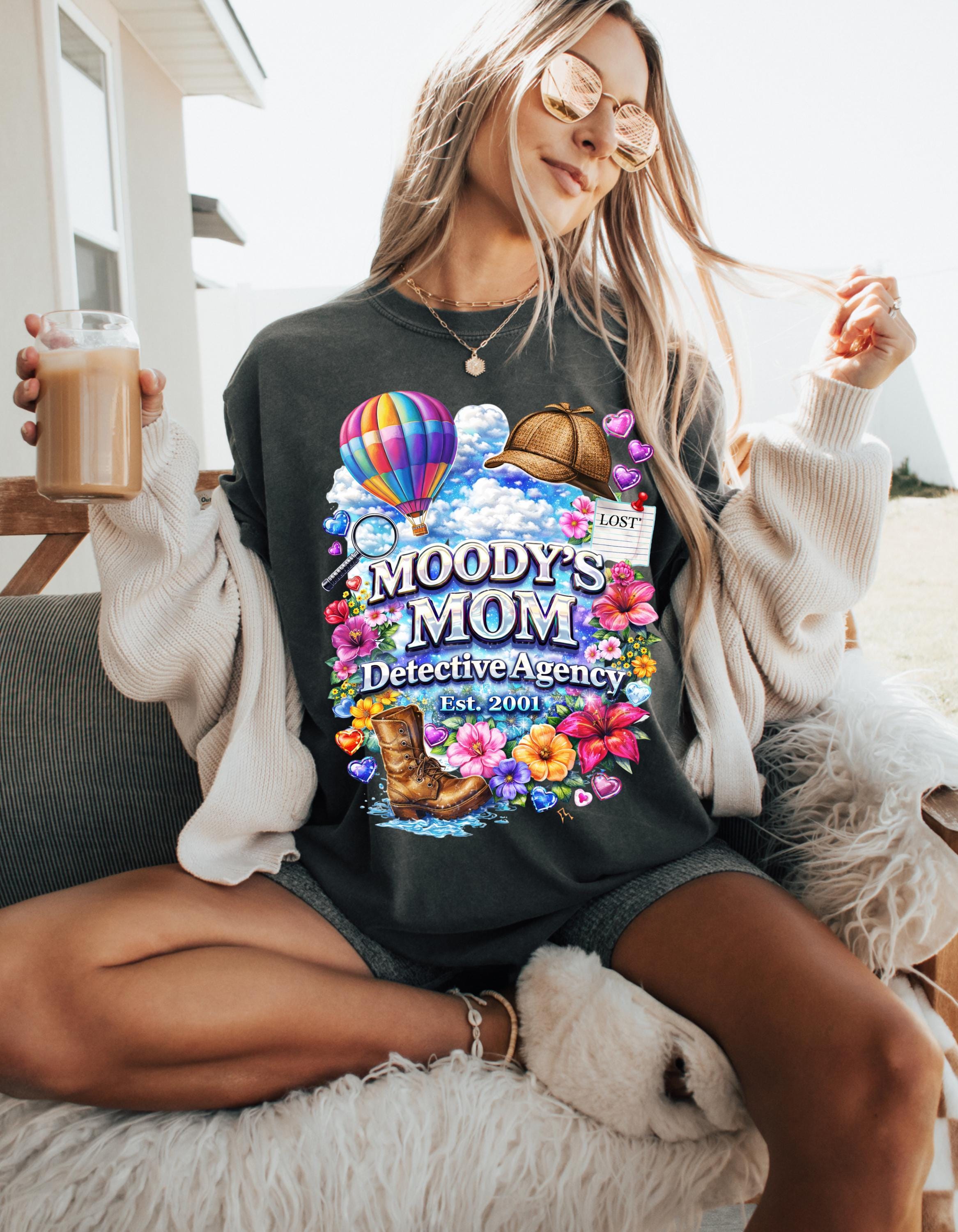 Moody's Mom Detective Agency T-Shirt | Vintage Cat Hot Air Balloon Graphic Tee Gift