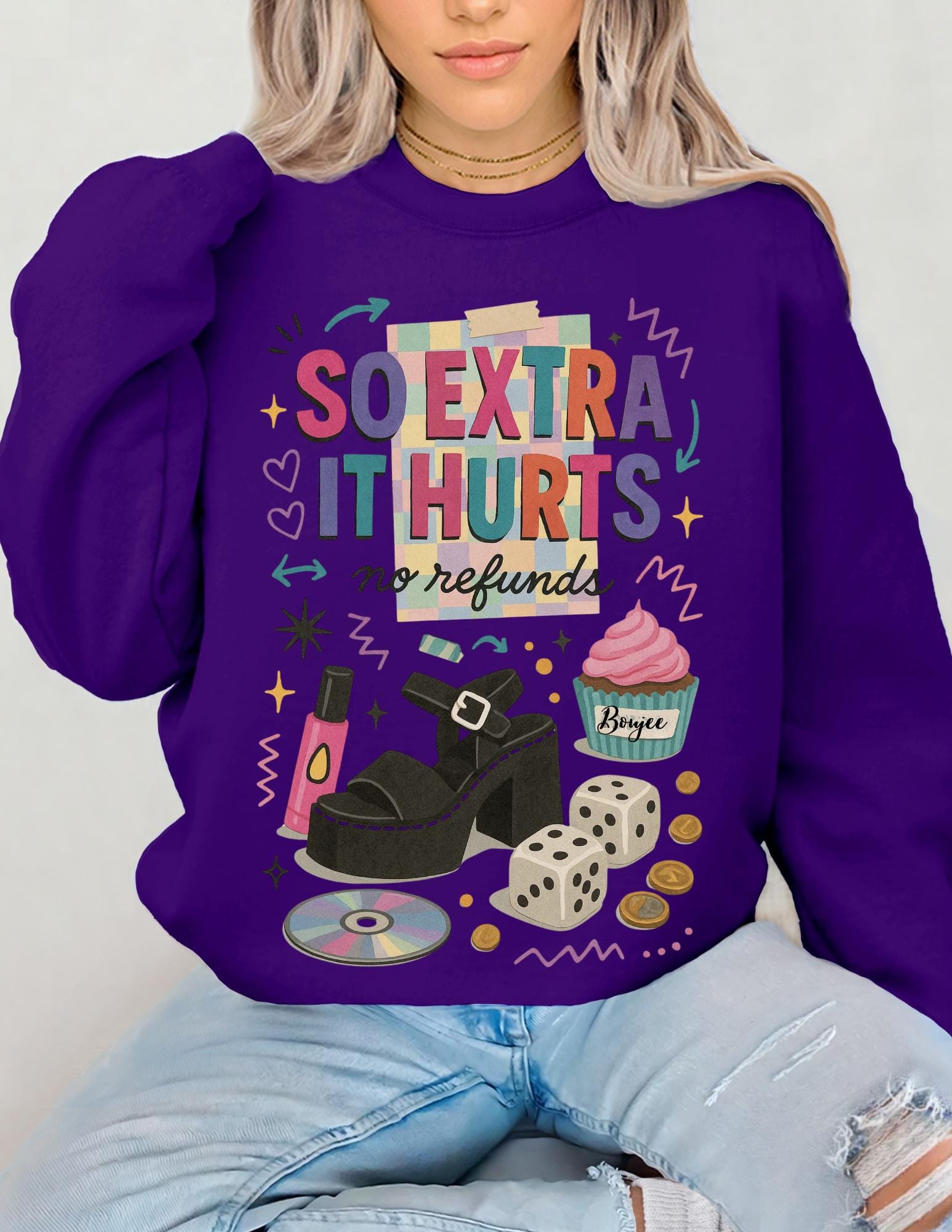So Extra It Hurts graphic sweatshirt | retro makeup cupcake stickers design