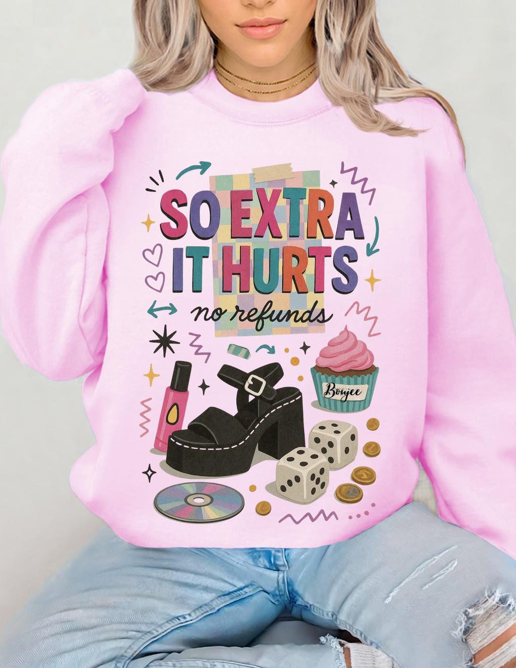 So Extra It Hurts graphic sweatshirt | retro makeup cupcake stickers design