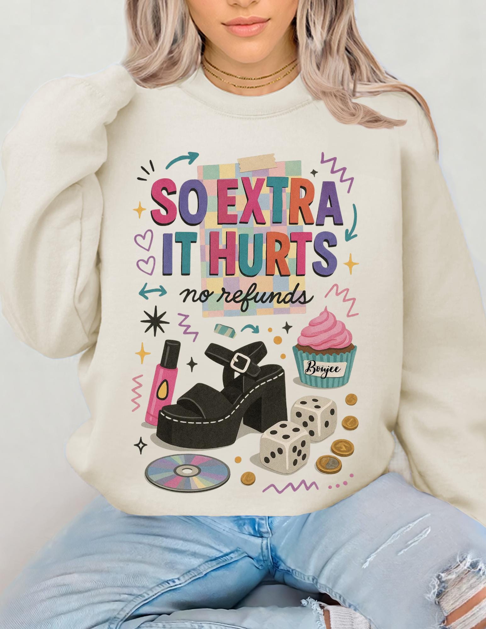 So Extra It Hurts graphic sweatshirt | retro makeup cupcake stickers design