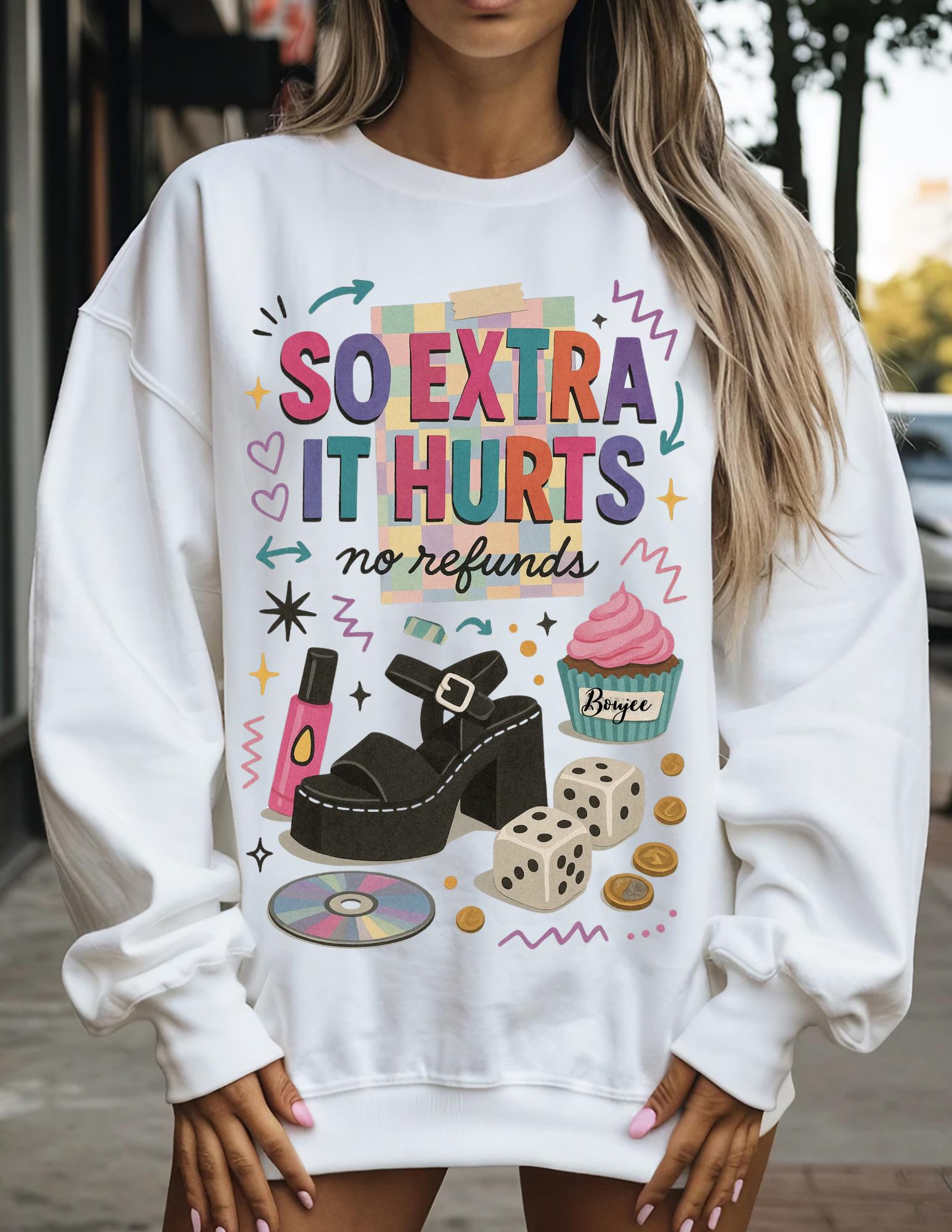 So Extra It Hurts graphic sweatshirt | retro makeup cupcake stickers design