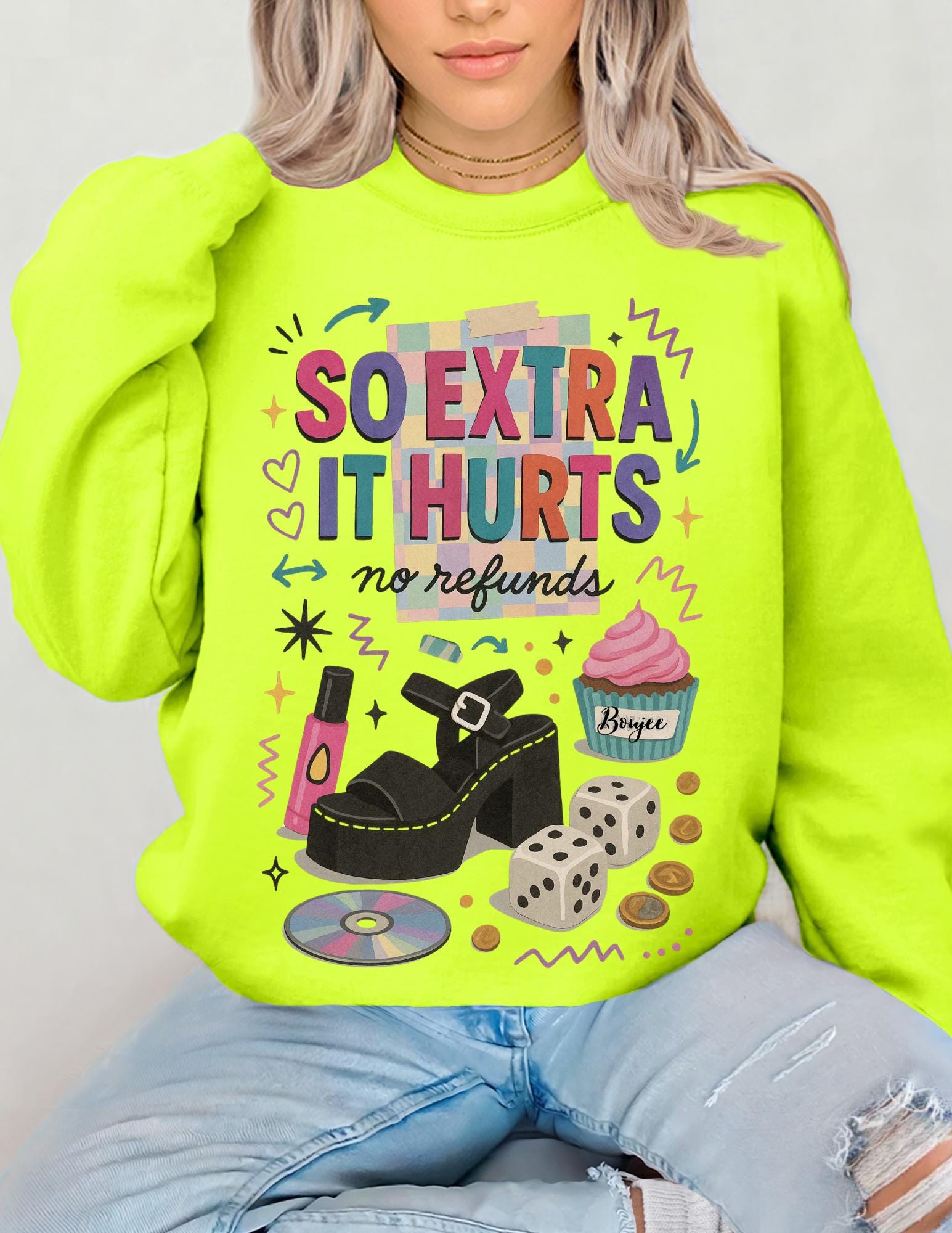 So Extra It Hurts graphic sweatshirt | retro makeup cupcake stickers design