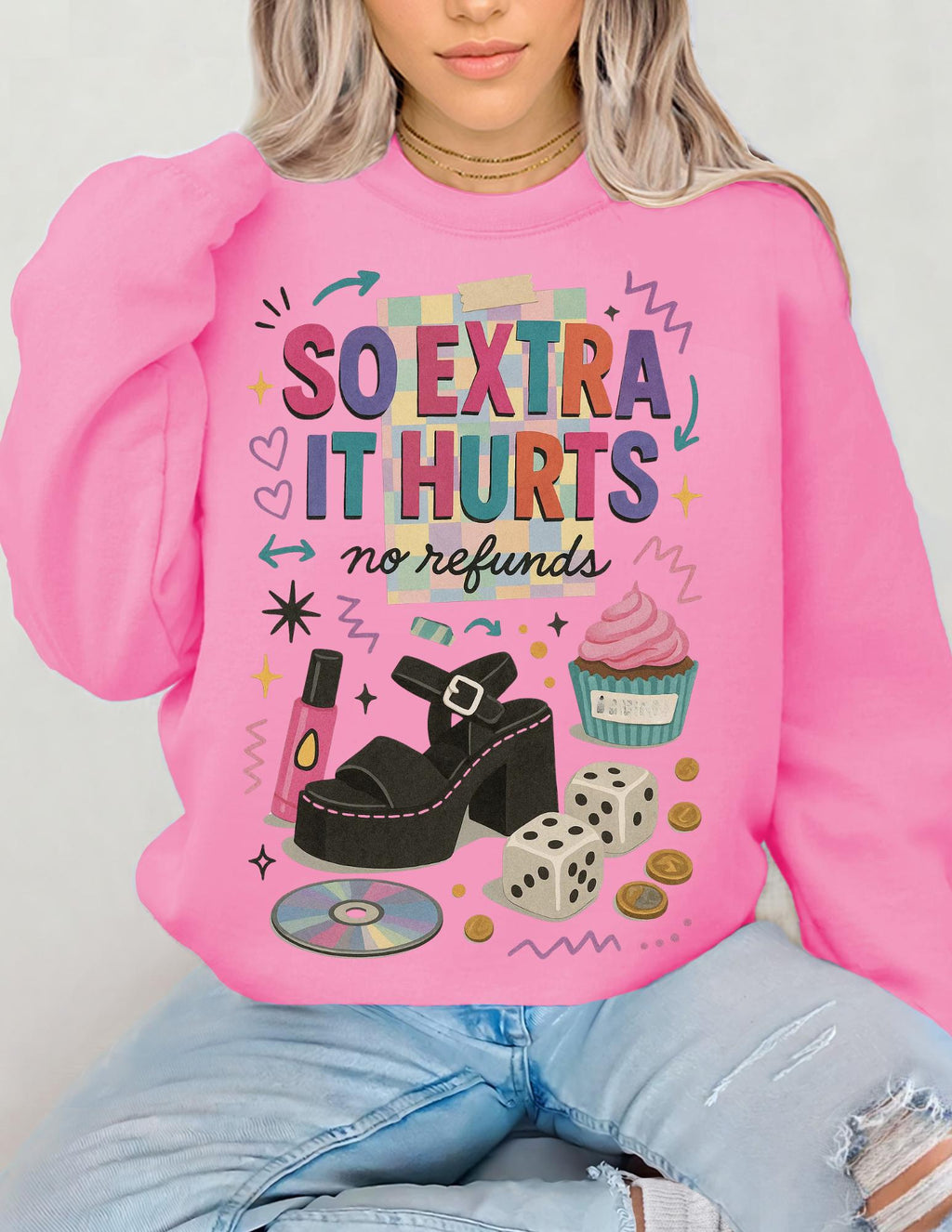 So Extra It Hurts graphic sweatshirt | retro makeup cupcake stickers design