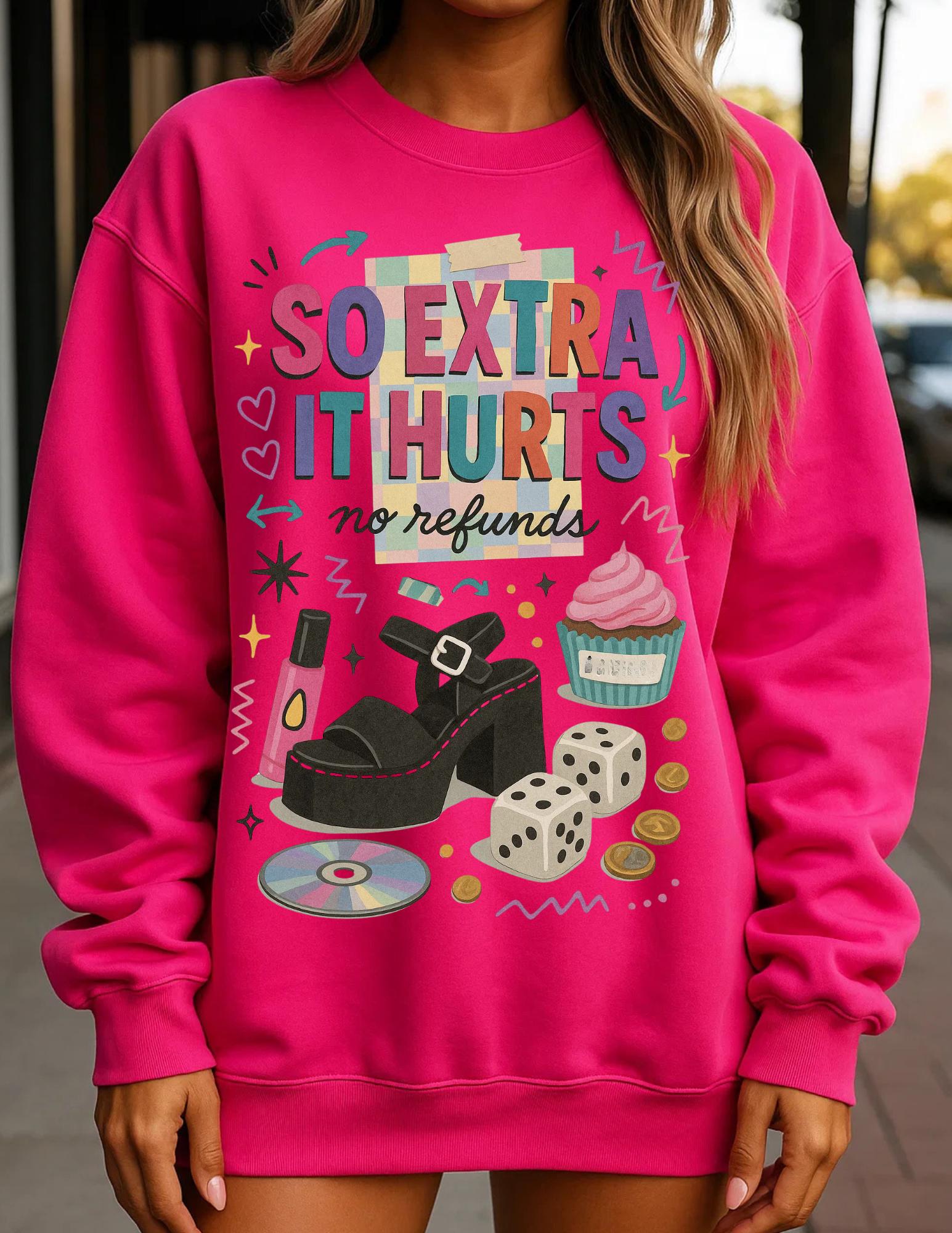 So Extra It Hurts graphic sweatshirt | retro makeup cupcake stickers design