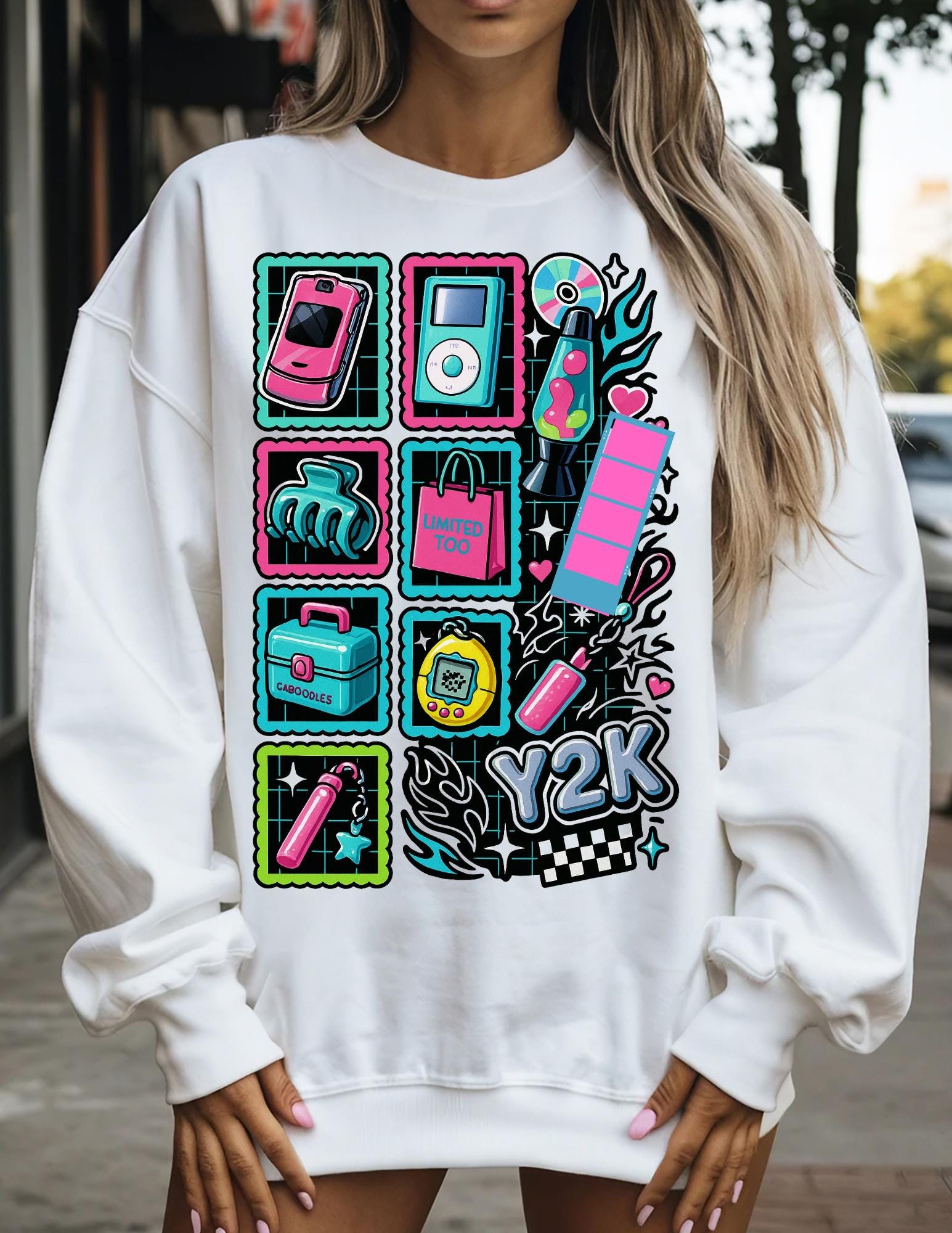 Y2K Tech Icons Crewneck Sweatshirt | Retro 2000s Graphic