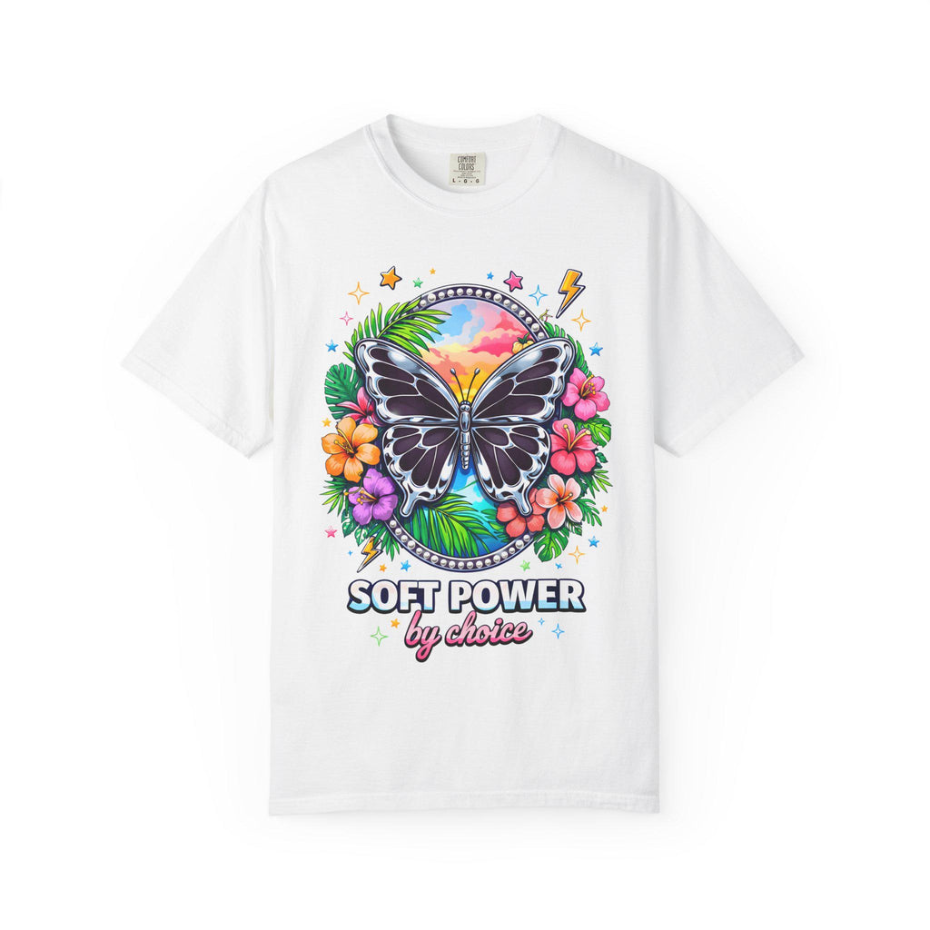 Soft Power butterfly floral graphic T-shirt | pastel sunset, tropical flowers