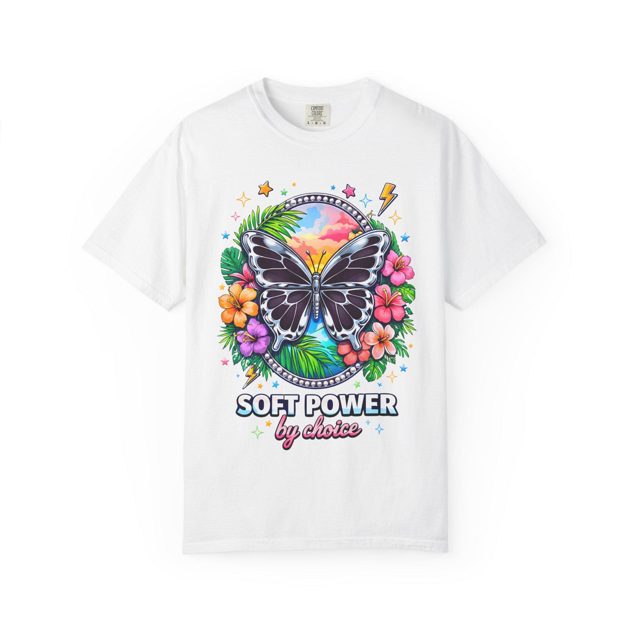 Soft Power butterfly floral graphic T-shirt | pastel sunset, tropical flowers