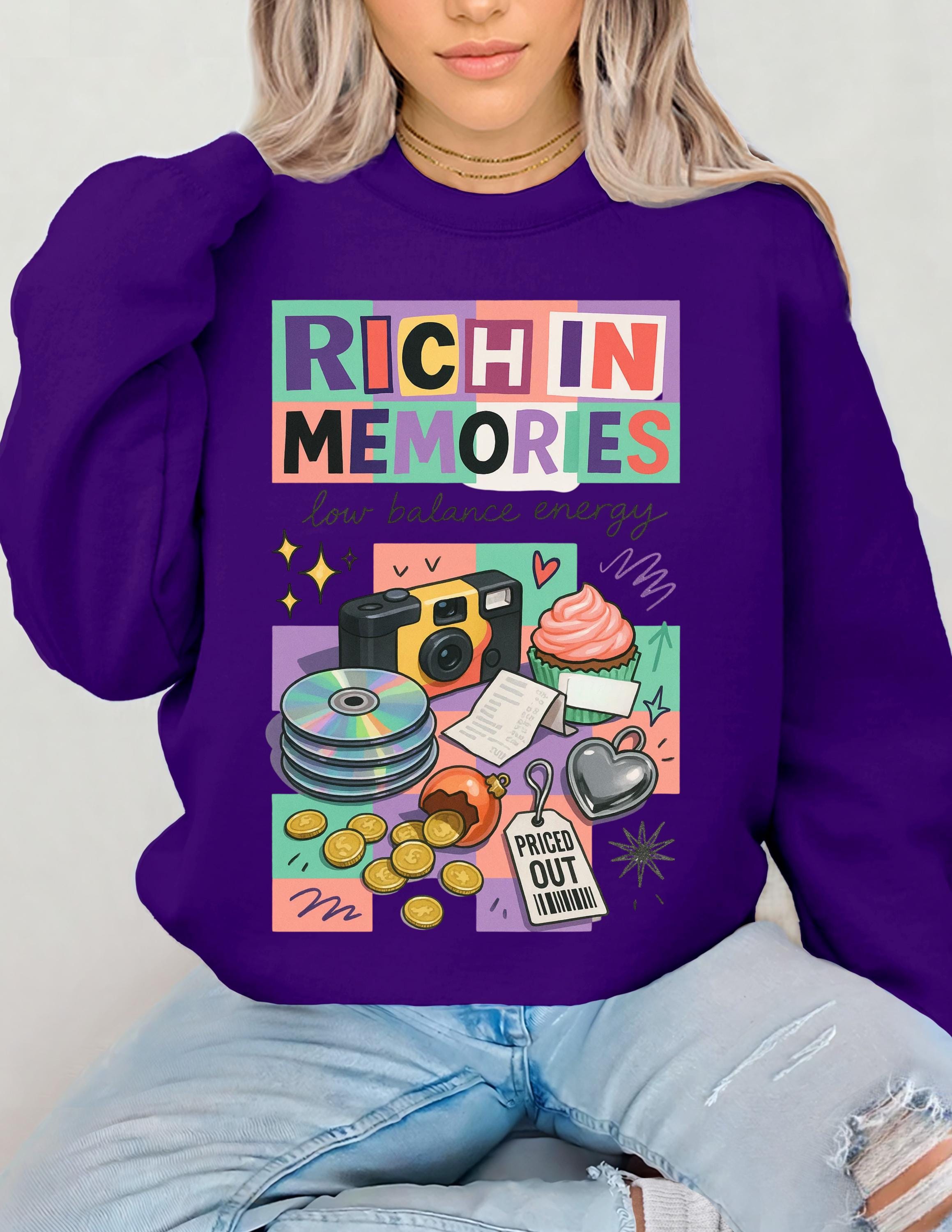 Rich in Memories camera collage Sweatshirt | retro cassette, donuts, low balance energy