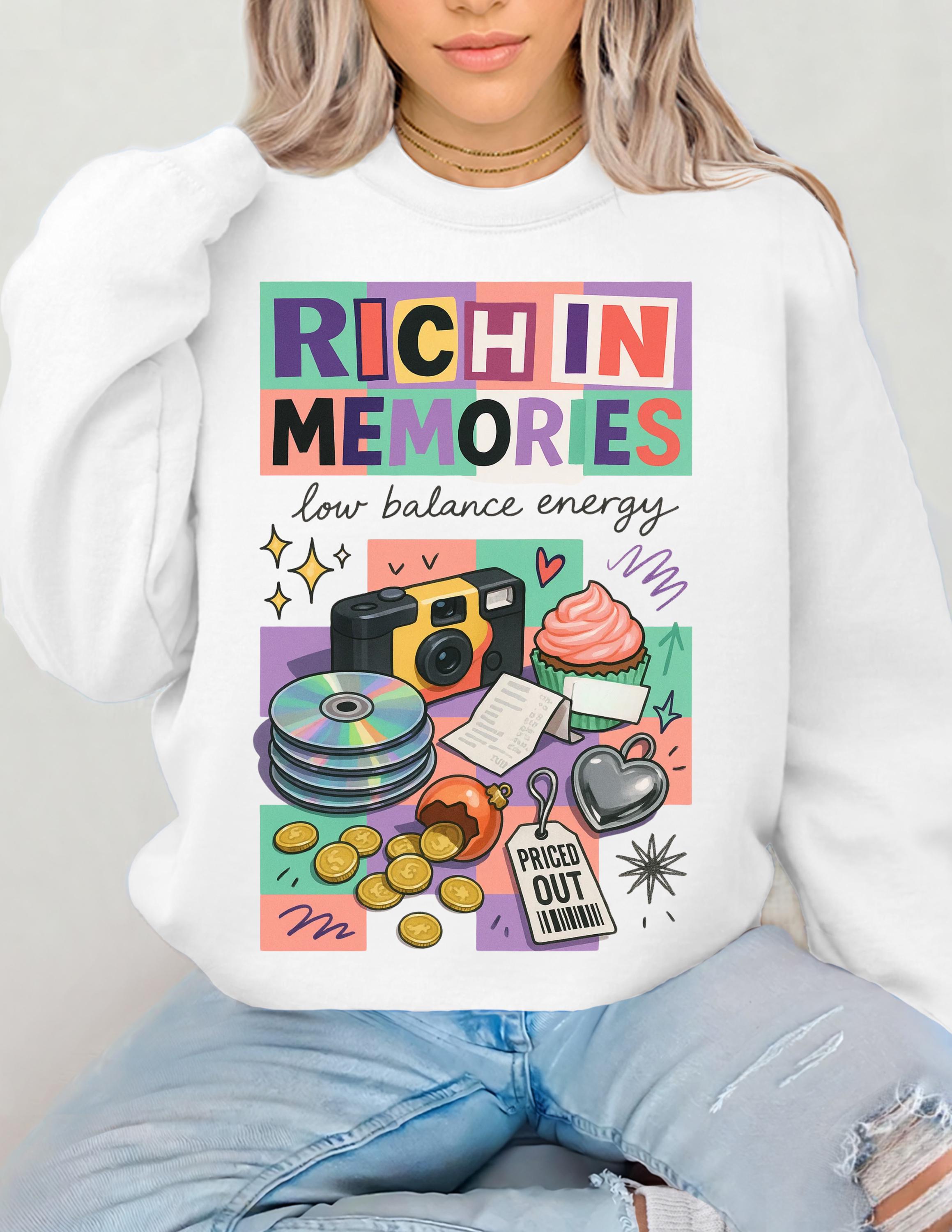 Rich in Memories camera collage Sweatshirt | retro cassette, donuts, low balance energy