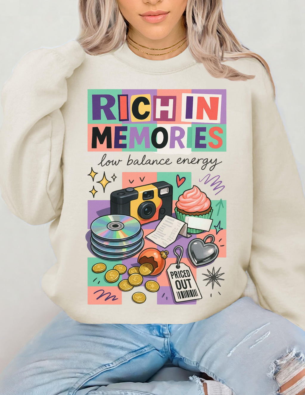 Rich in Memories camera collage Sweatshirt | retro cassette, donuts, low balance energy