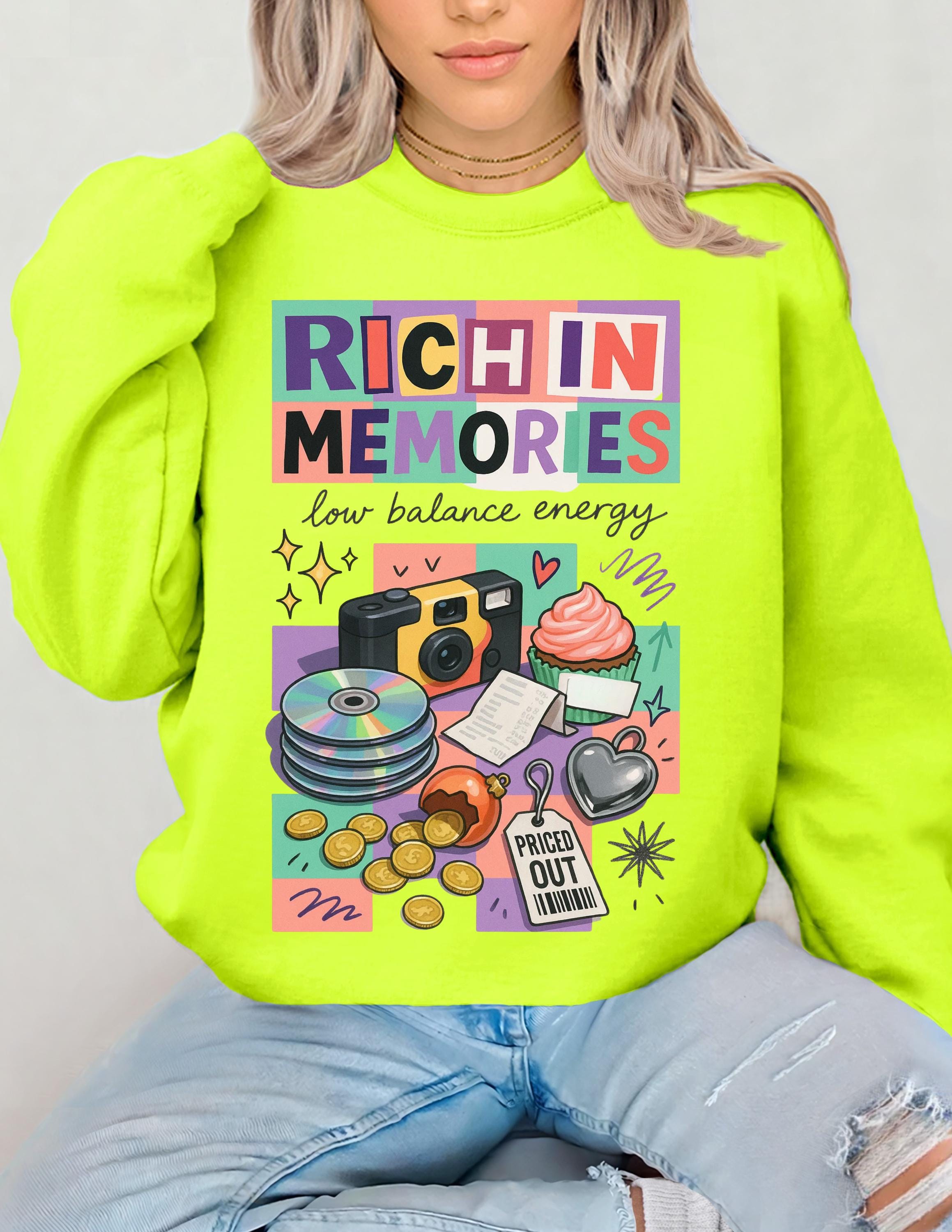 Rich in Memories camera collage Sweatshirt | retro cassette, donuts, low balance energy