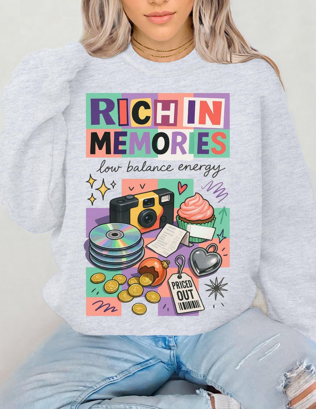 Rich in Memories camera collage Sweatshirt | retro cassette, donuts, low balance energy