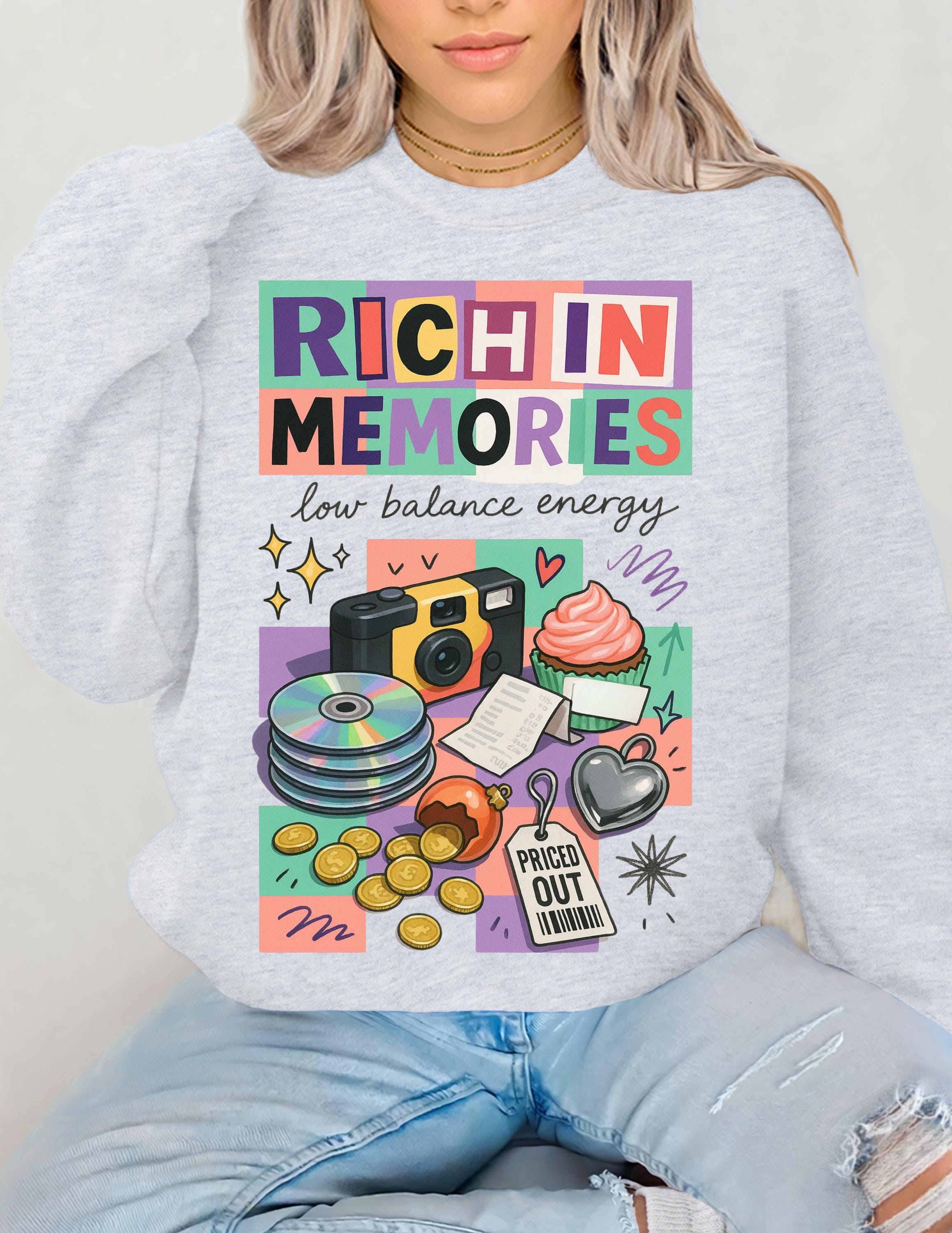 Rich in Memories camera collage Sweatshirt | retro cassette, donuts, low balance energy