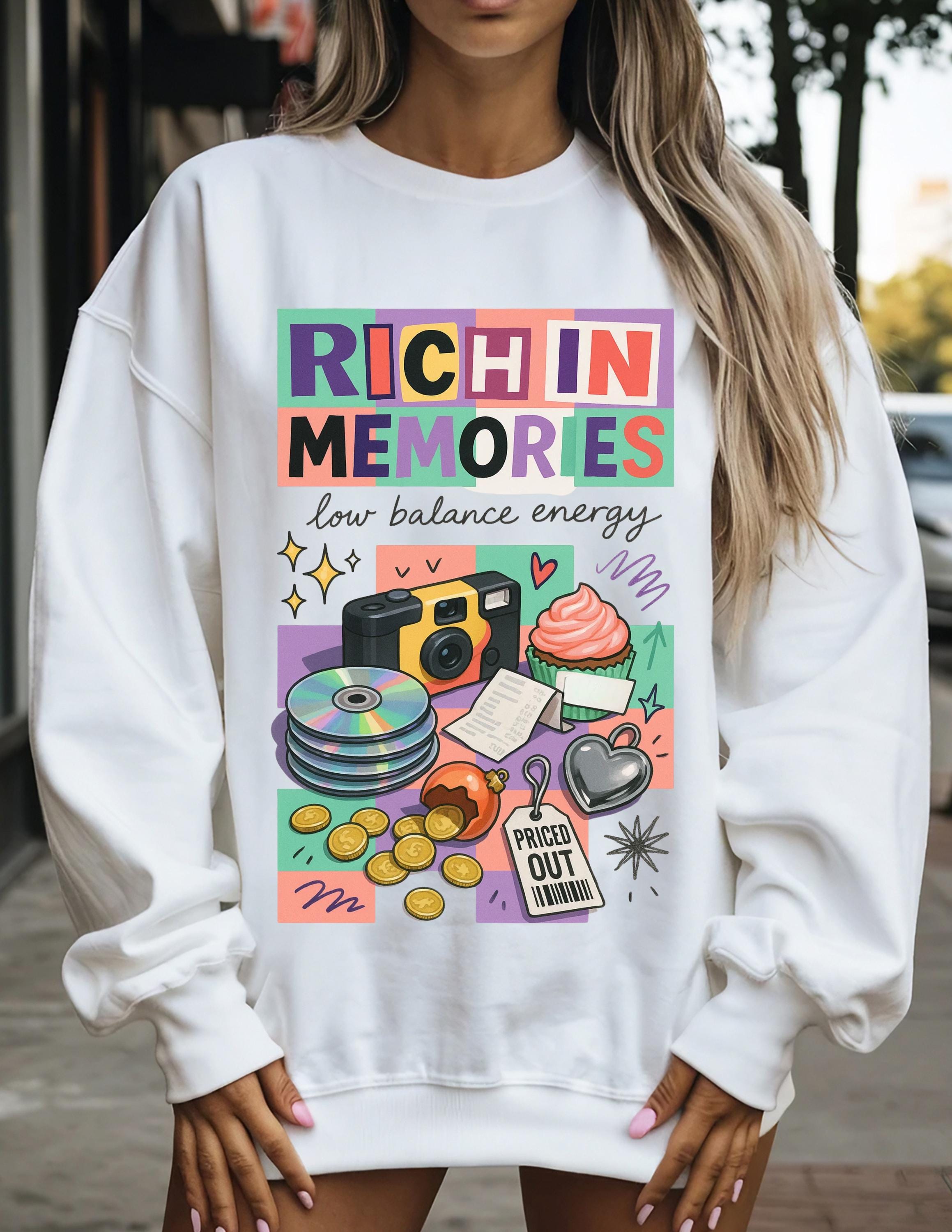 Rich in Memories camera collage Sweatshirt | retro cassette, donuts, low balance energy
