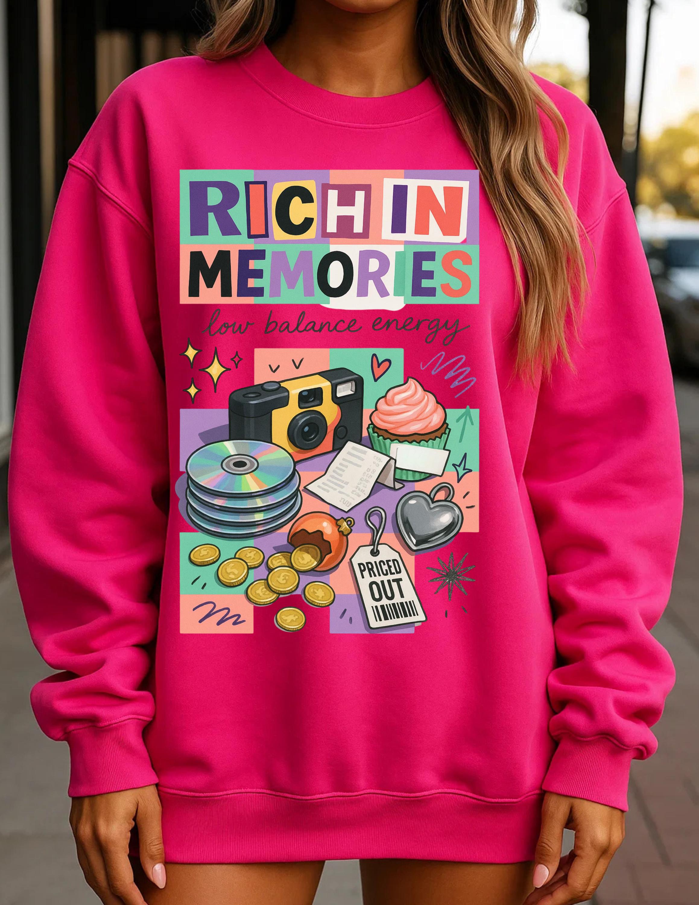 Rich in Memories camera collage Sweatshirt | retro cassette, donuts, low balance energy